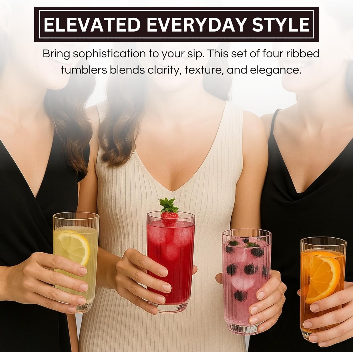 Khen Shatterproof Ribbed Drinking Glasses – Set of 4 Clear 12oz Tritan Tumblers, European Style Acrylic Drinkware – Durable, BPA-Free, Dishwasher Safe, Stackable & Unbreakable Plastic Cups