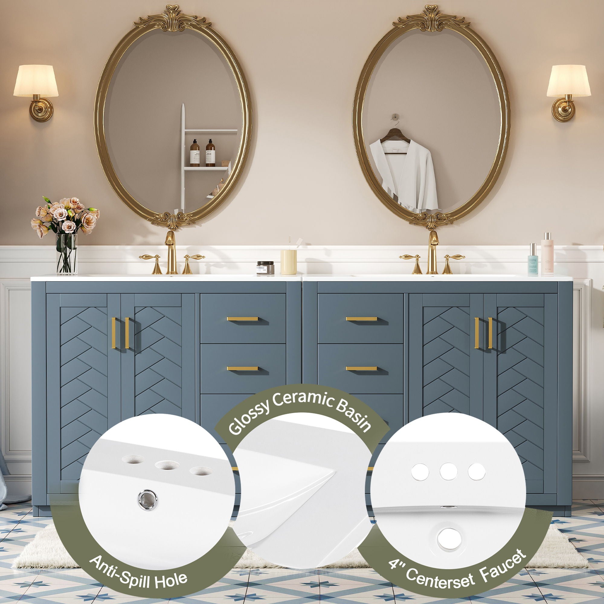 Modern Bathroom Vanity With Ceramic Sink, 6 Drawers & Soft-Close Doors