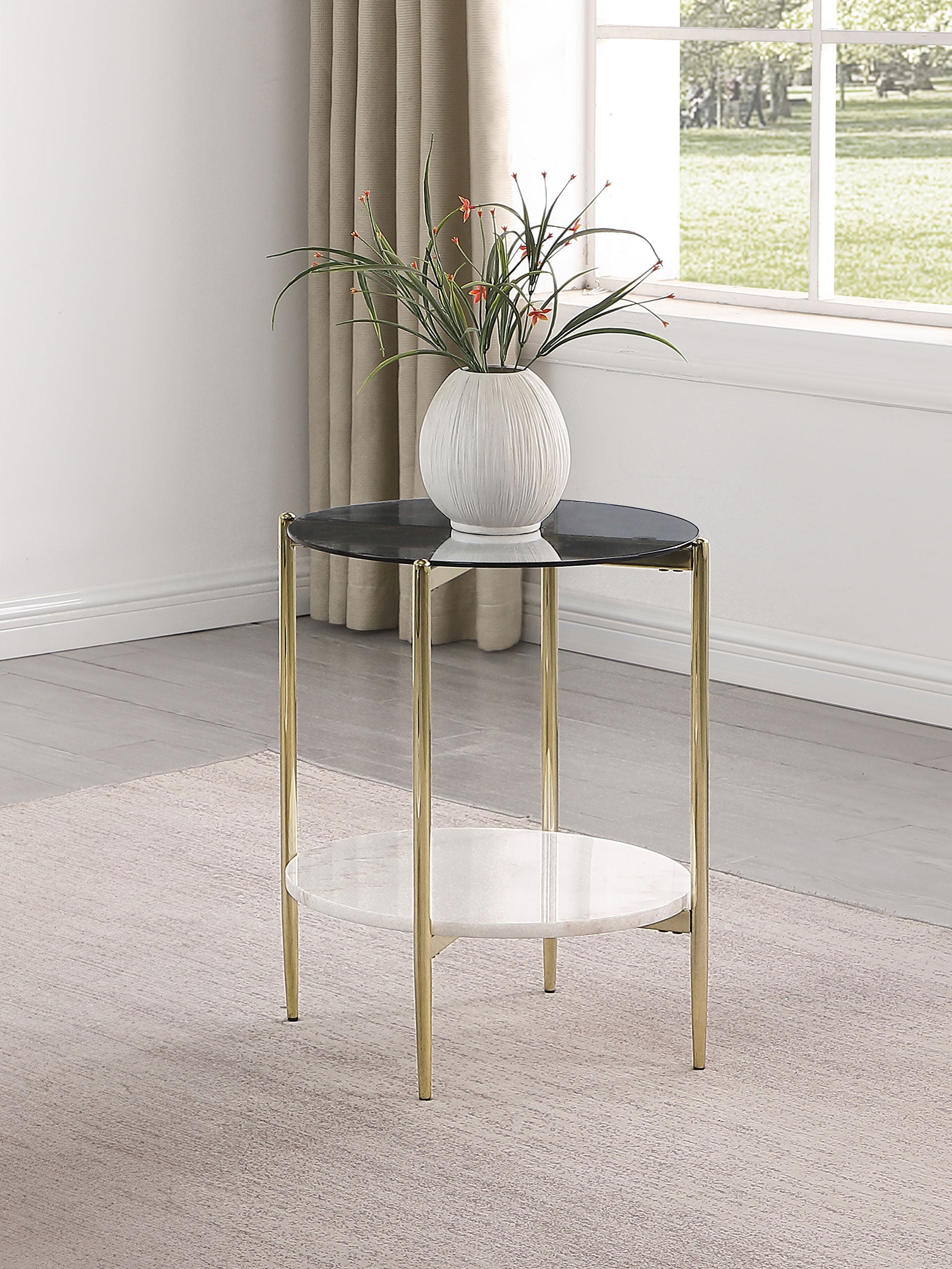 Jonelle Round Glass Top End Table White Marble Shelf Gold-