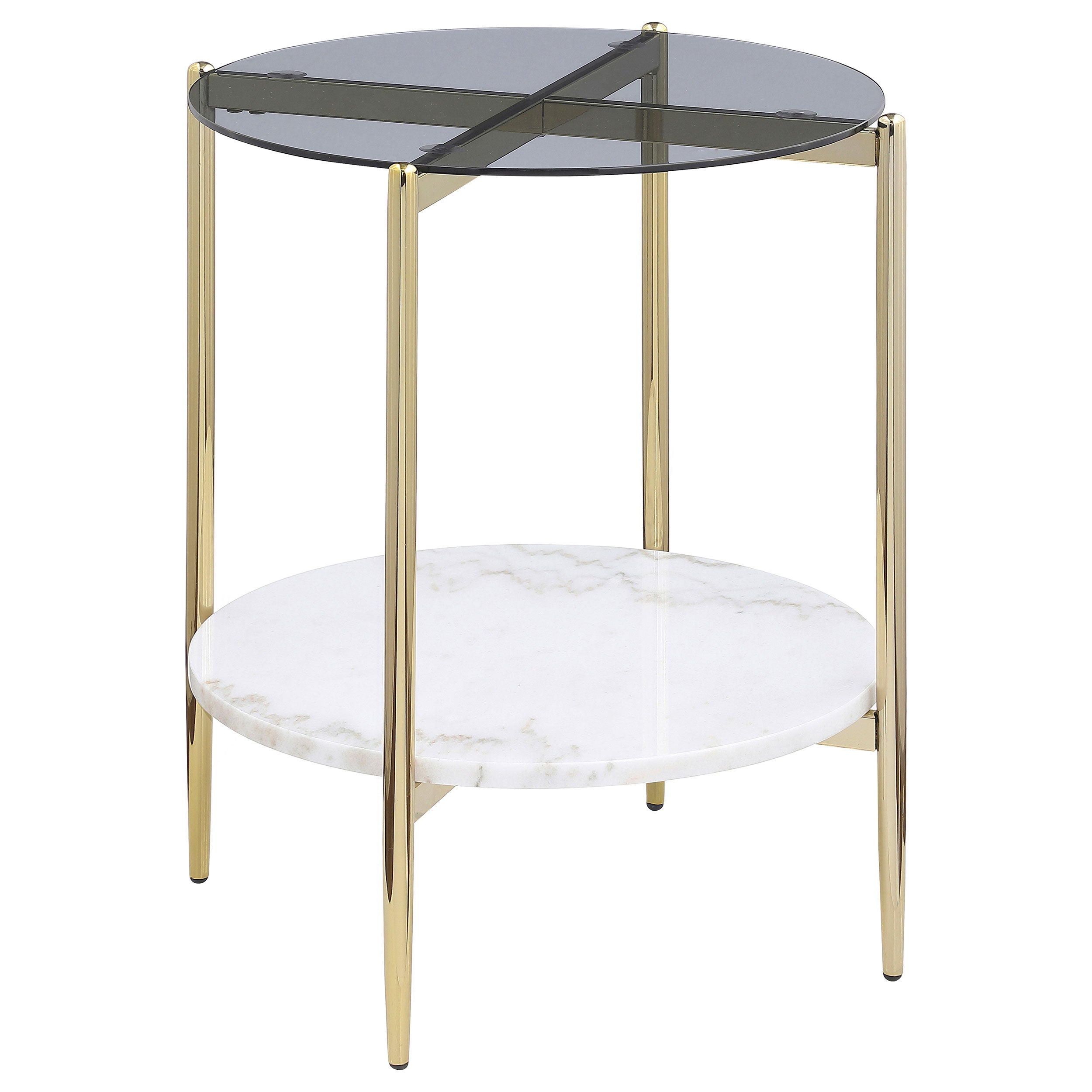 Jonelle Round Glass Top End Table White Marble Shelf Gold-