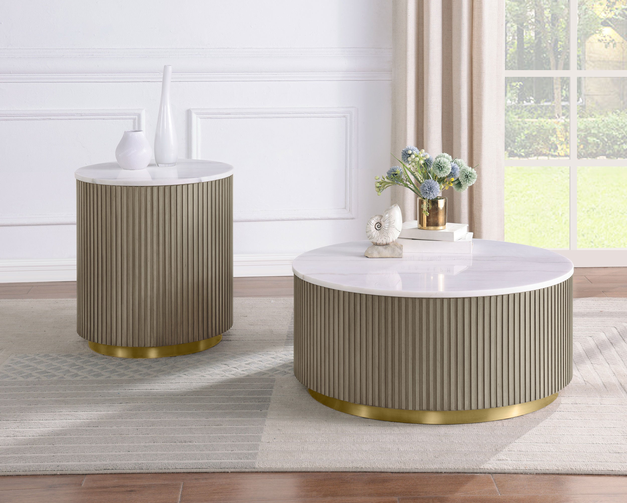Jason Round White Marble Top Side End Table Greige-