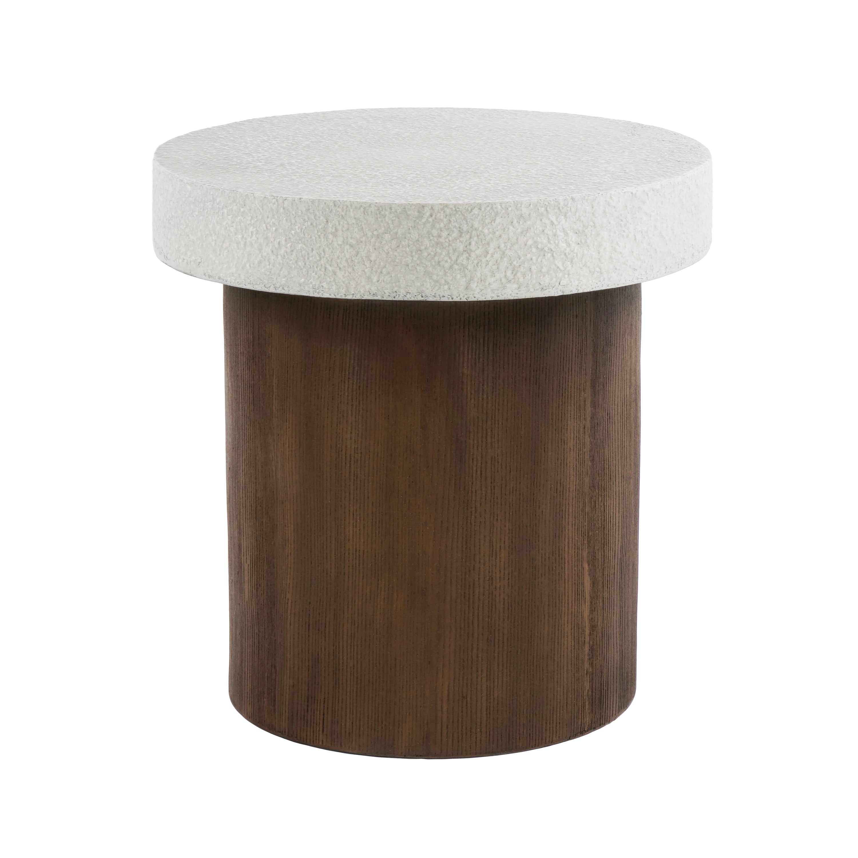 Cylindrical Side Table with Antique White Faux Stone Top and Natural Wood Base