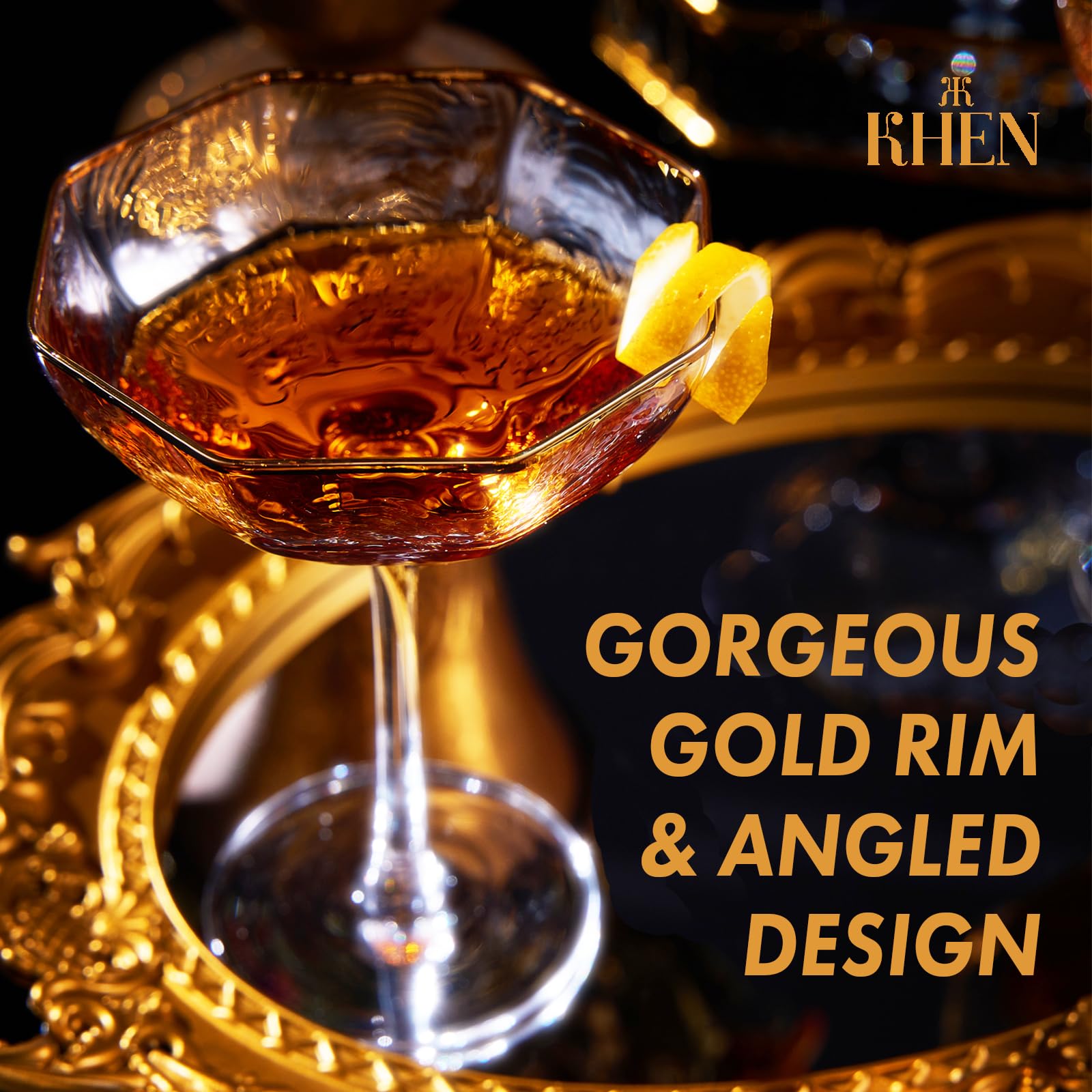 Khen Champagne Coupe Glasses Set of 4 Vintage Octagonal Gold Rim Elegant Art Glass Cocktail Goblets - 6oz Clear Gold Rim