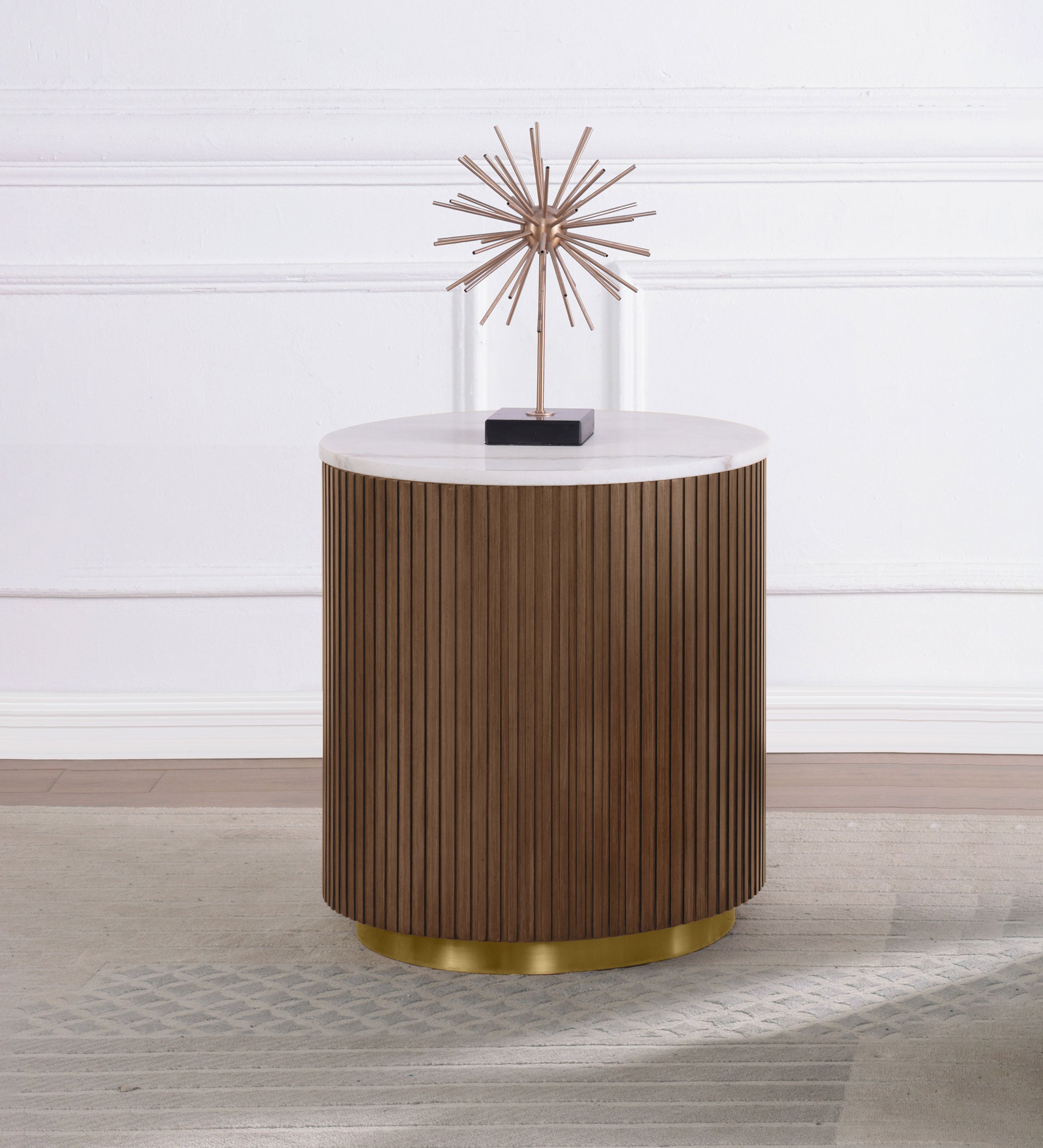 Jason Round White Marble Top Side End Table Honey Brown-