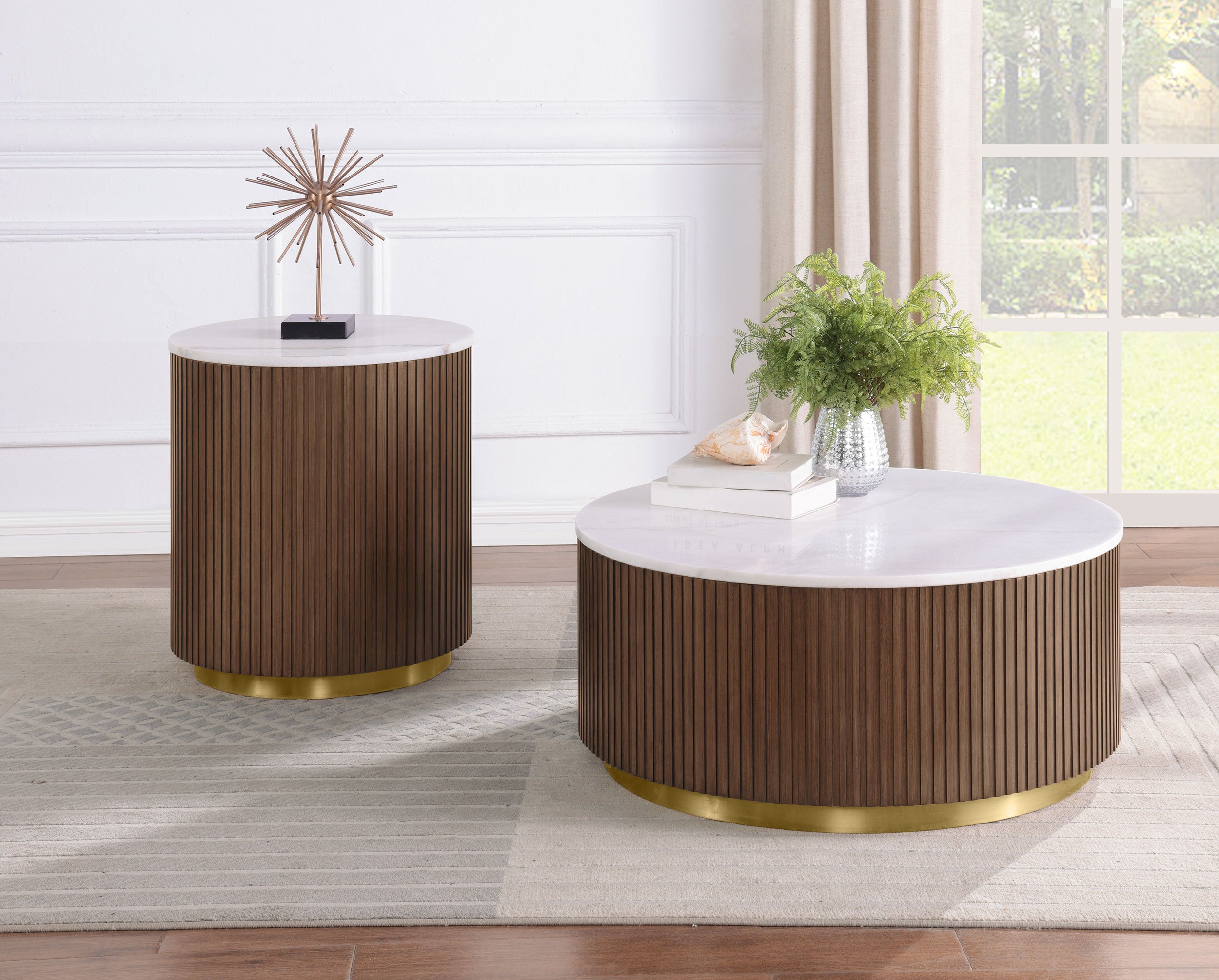 Jason Round White Marble Top Side End Table Honey Brown-