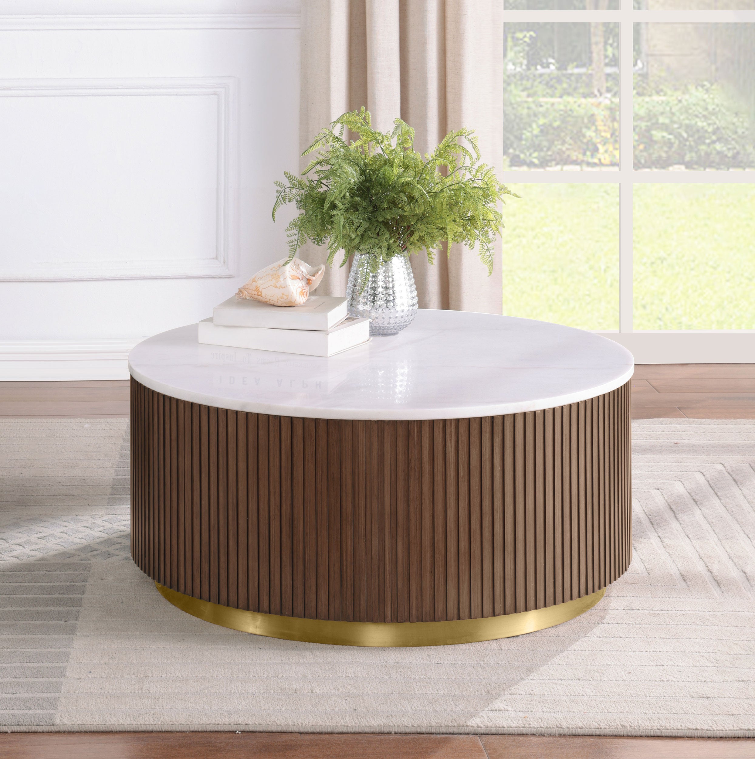 Jason Round White Marble Top Coffee Table Honey Brown-