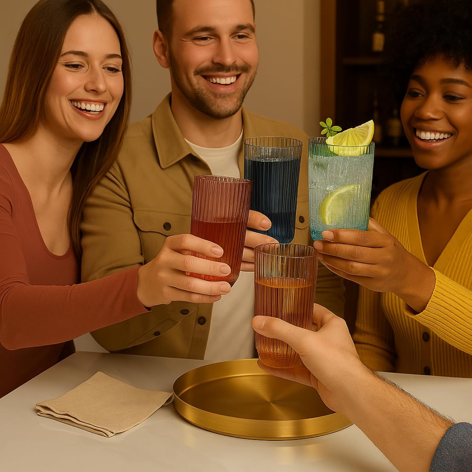 Khen Shatterproof Acrylic Ribbed Drinking Glasses Set, European Style, Dishwasher Safe, Tall | Set of 4 | Muted Tritan Drinkware, Unbreakable BPA-free Plastic, Reusable Stackable Glassware - 12OZ