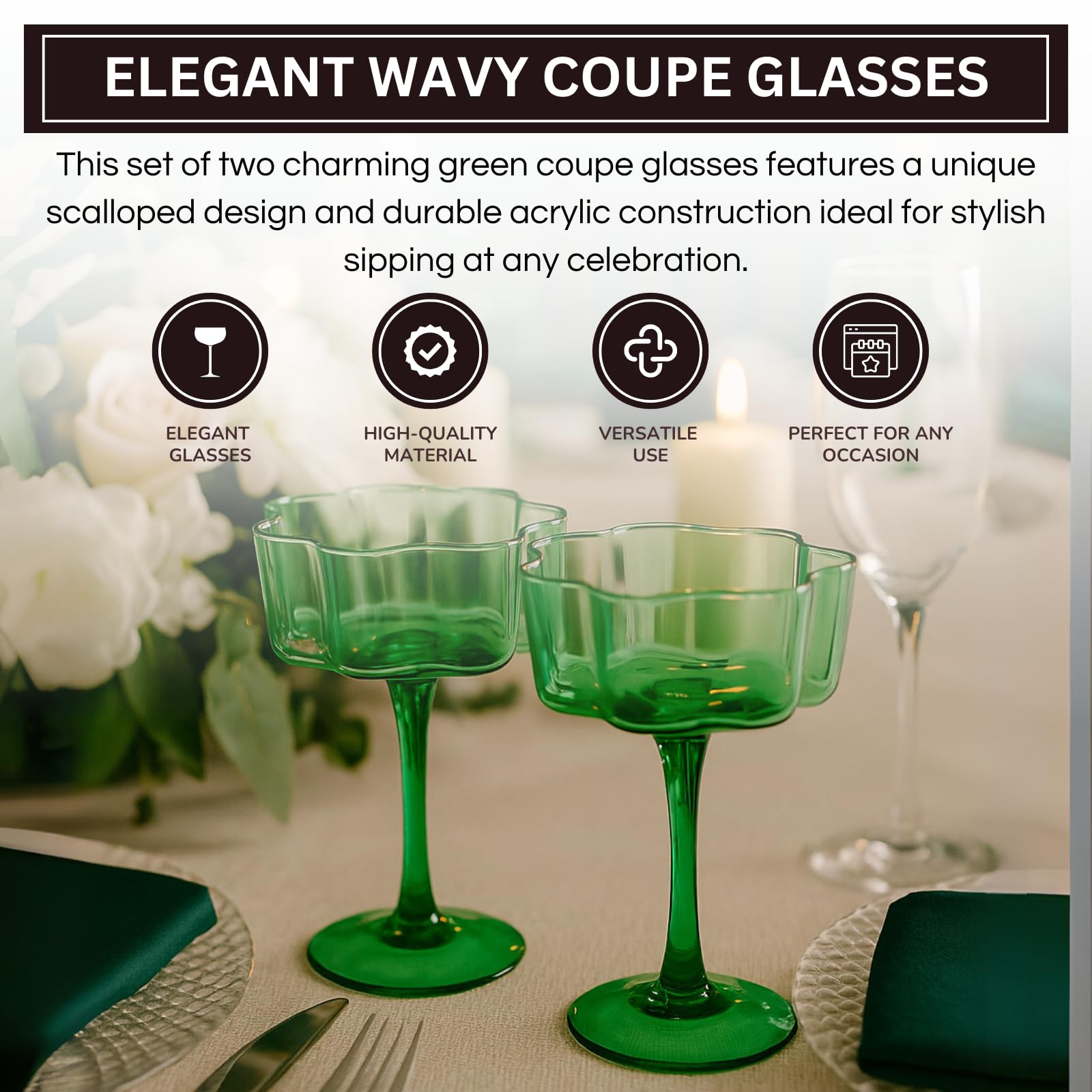 Flower Wave Coupe Cocktail Colored Glasses | Set of 2 | Jade