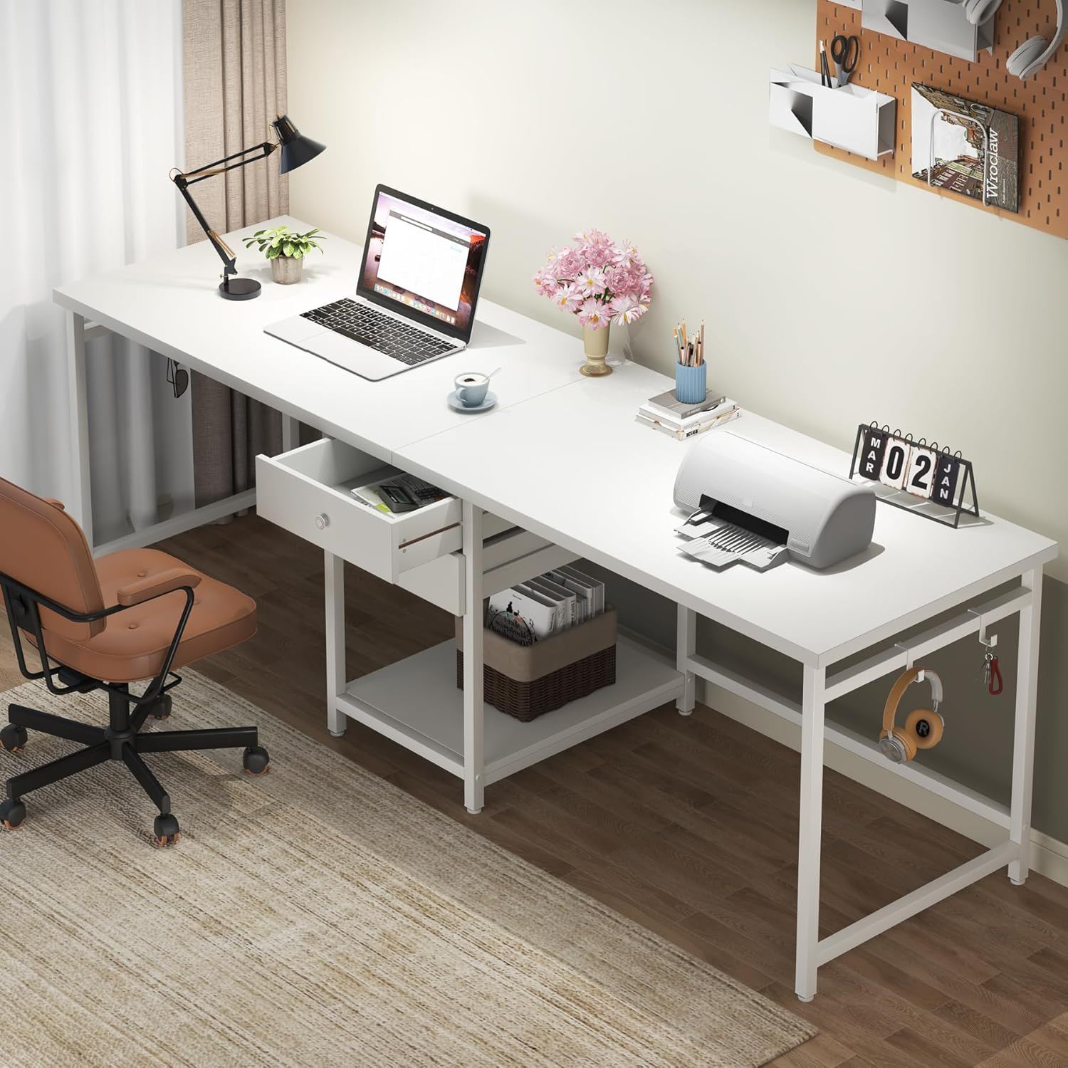 2 Person Computer Desk With Drawers And Shelves, Extra Long Double Workstation