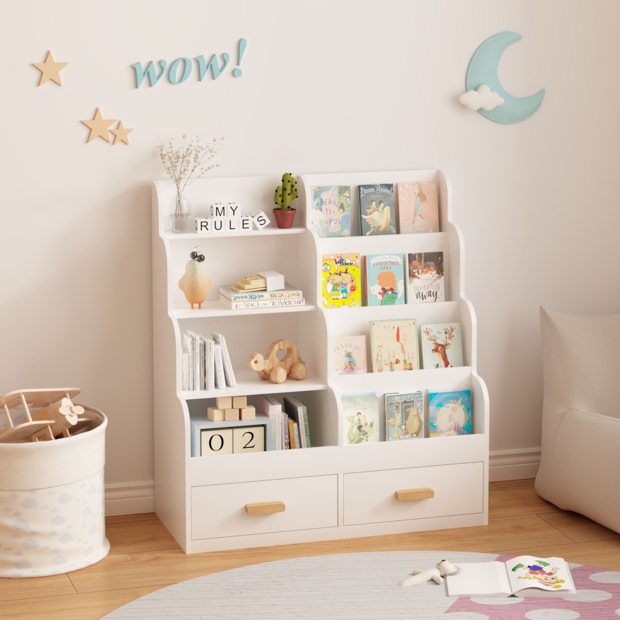 Bookshelf With 2 Storage Drawers, Front Facing Bookcase And Toy Organizer, Multi Tier Reading Shelf - White