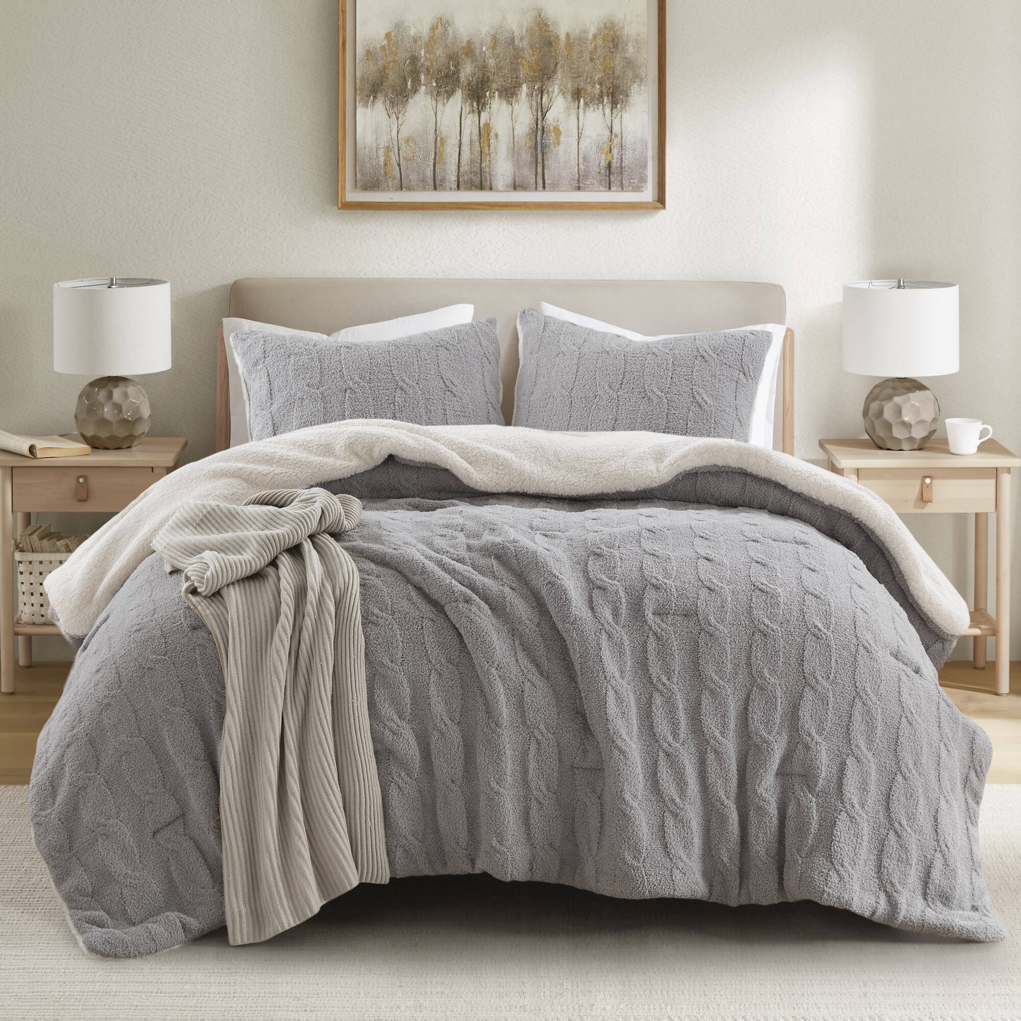 3 Pieces Full/Queen Cable Knit Chenille Comforter Set Gray