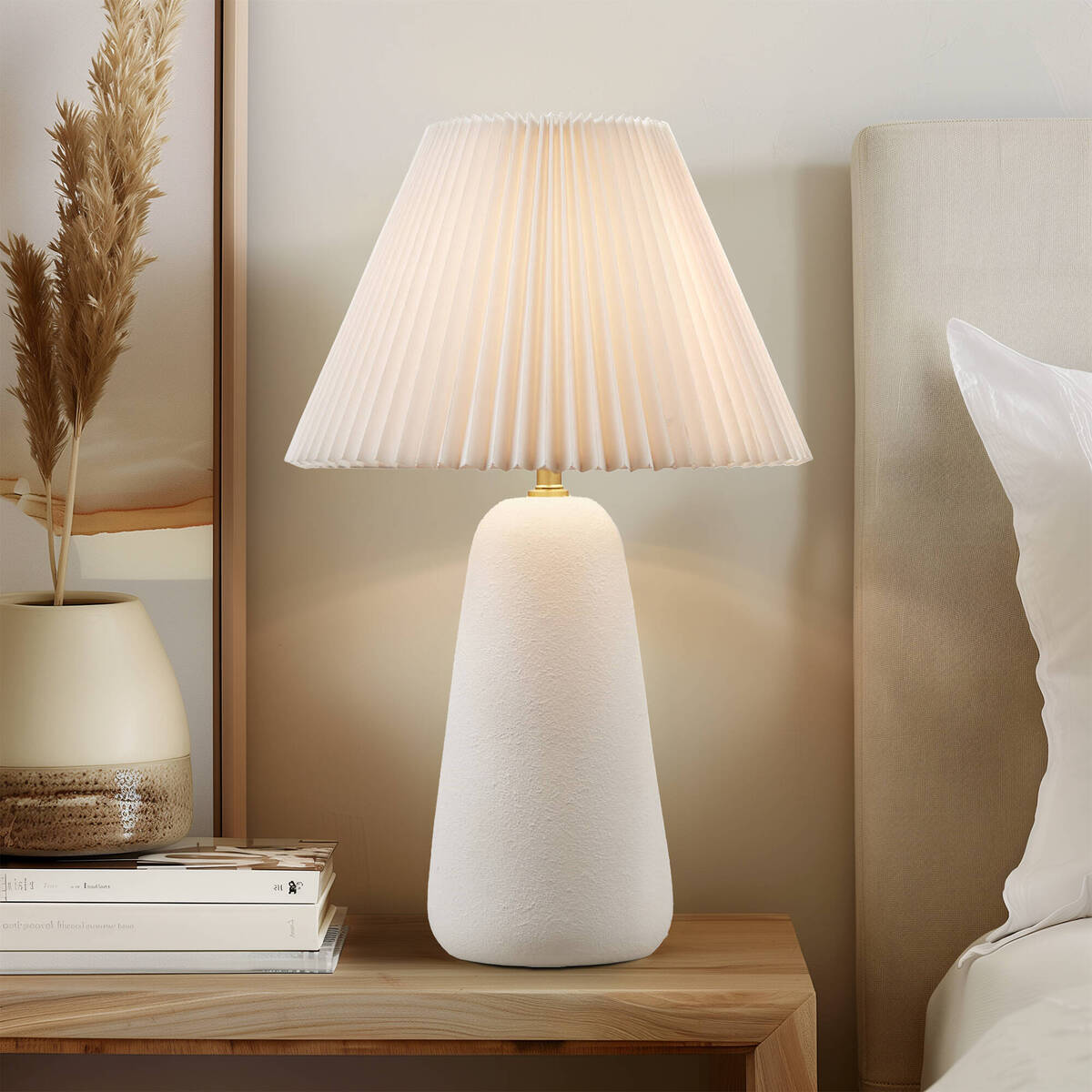 Textured Ceramic Table Lamp with Fluted Fabric Shade - White