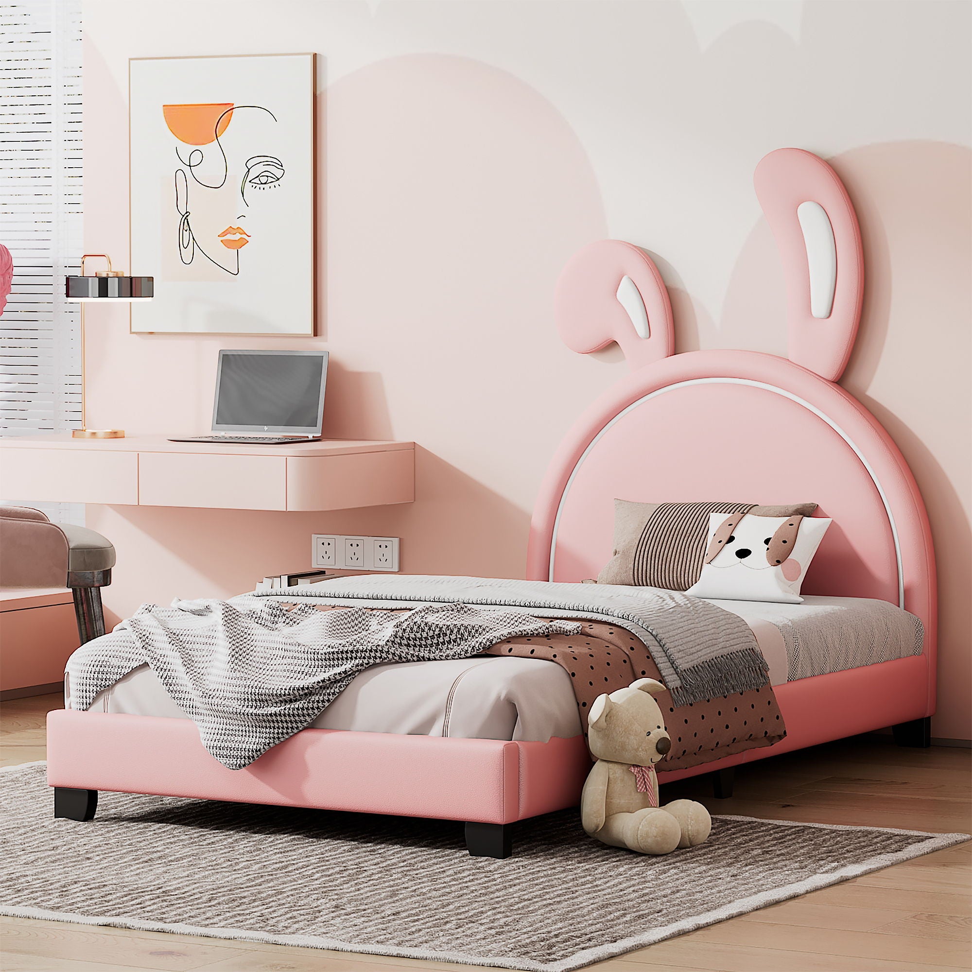 Upholstered Leather Platform Bed With Rabbit Ornament