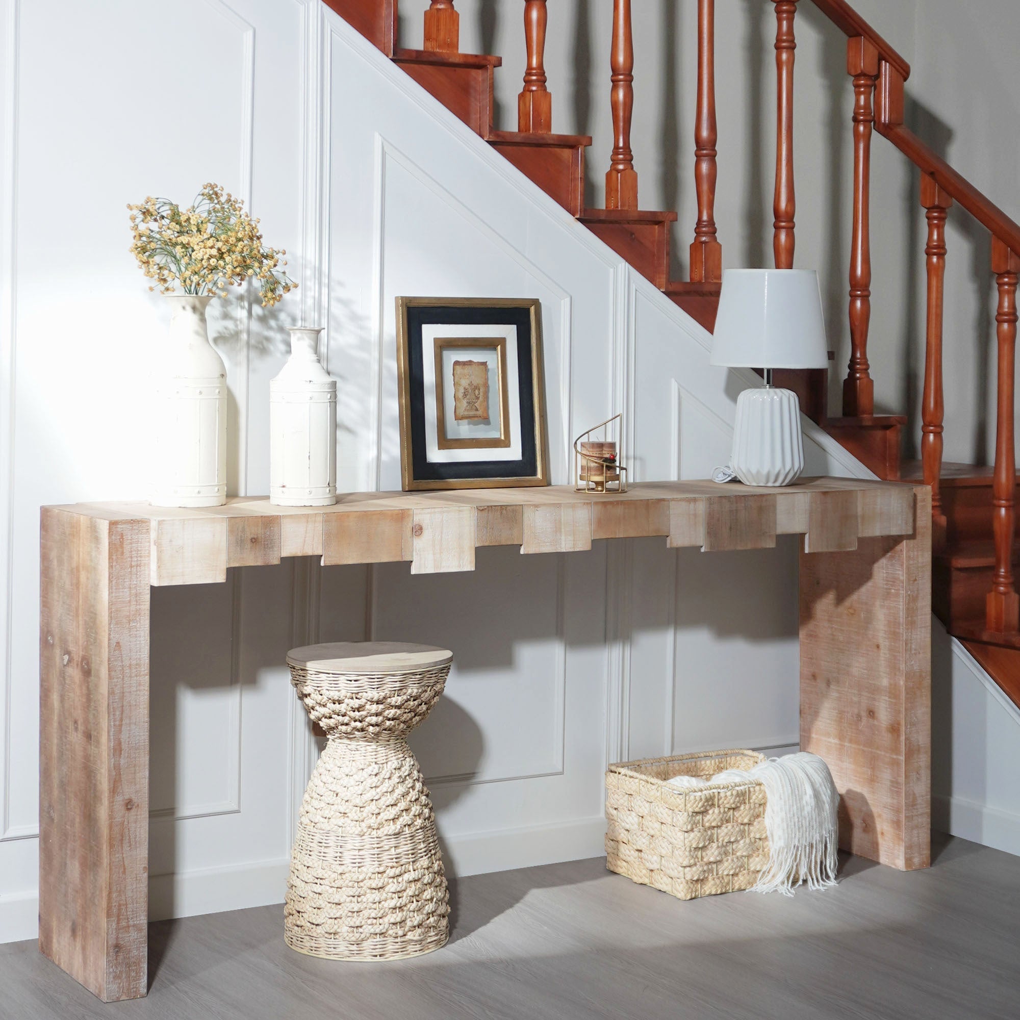 Modern Rustic Console Table - 71' Entryway Table with Sculpted Block Design - Narrow Sofa Table for Hallway, Living Room, or Foyer