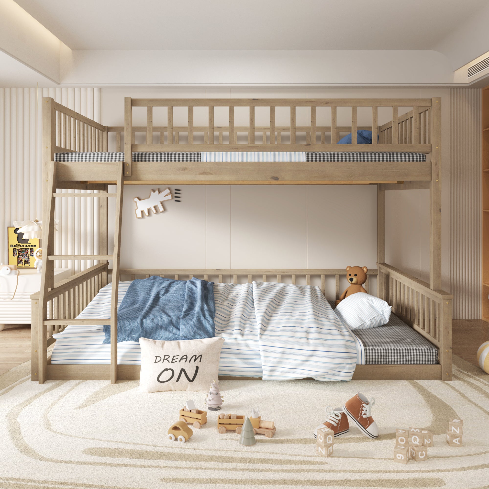 Full Over Queen Bunk Bed with Ladder and Guardrails, Walnut