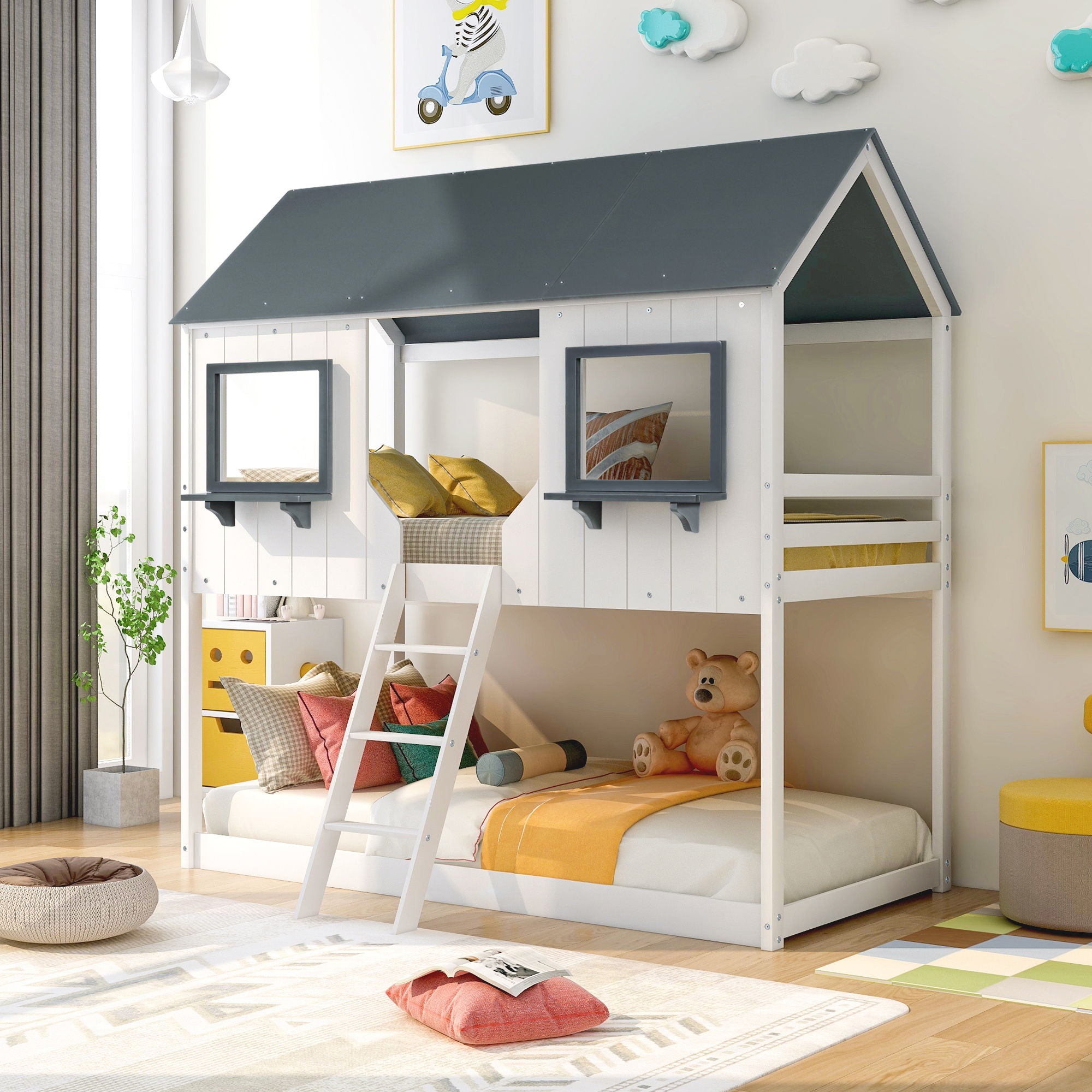 Twin Over Twin Bunk Bed With Roof, Window, Guardrail, Ladder