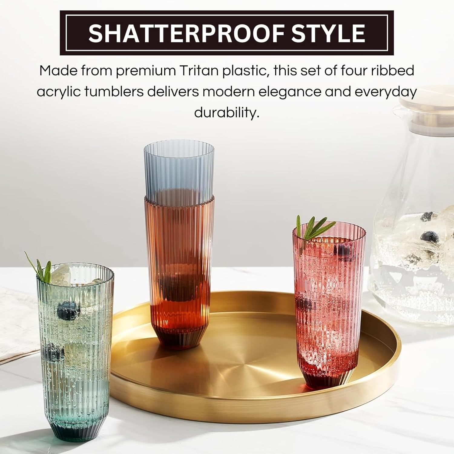 Khen Shatterproof Acrylic Ribbed Drinking Glasses Set, European Style, Dishwasher Safe, Tall | Set of 4 | Muted Tritan Drinkware, Unbreakable BPA-free Plastic, Reusable Stackable Glassware - 12OZ