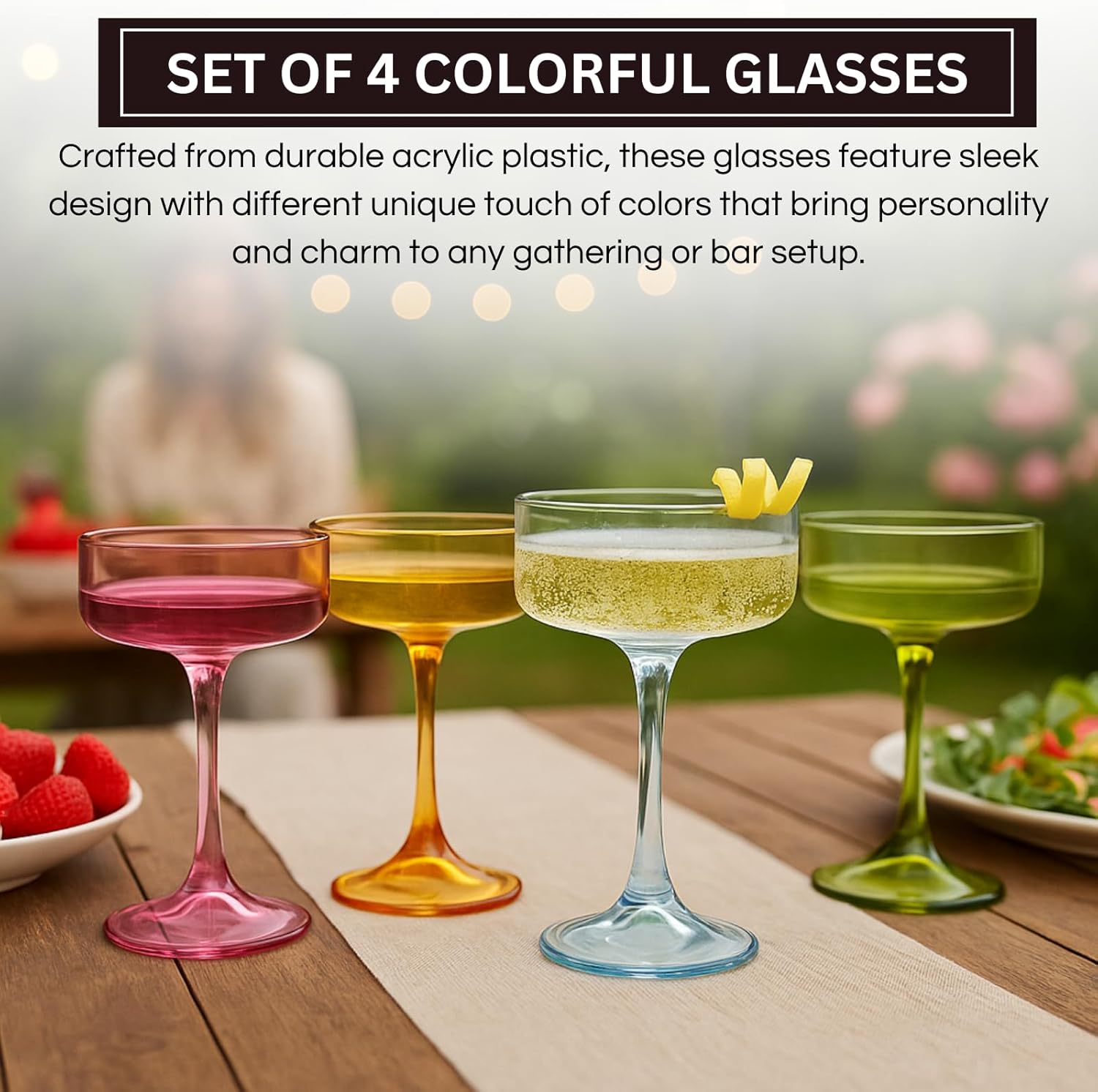 Khen Champagne Coupes Morgan Set Vibrant Stemware Drinkware for Parties - Set of 4 Multicolor