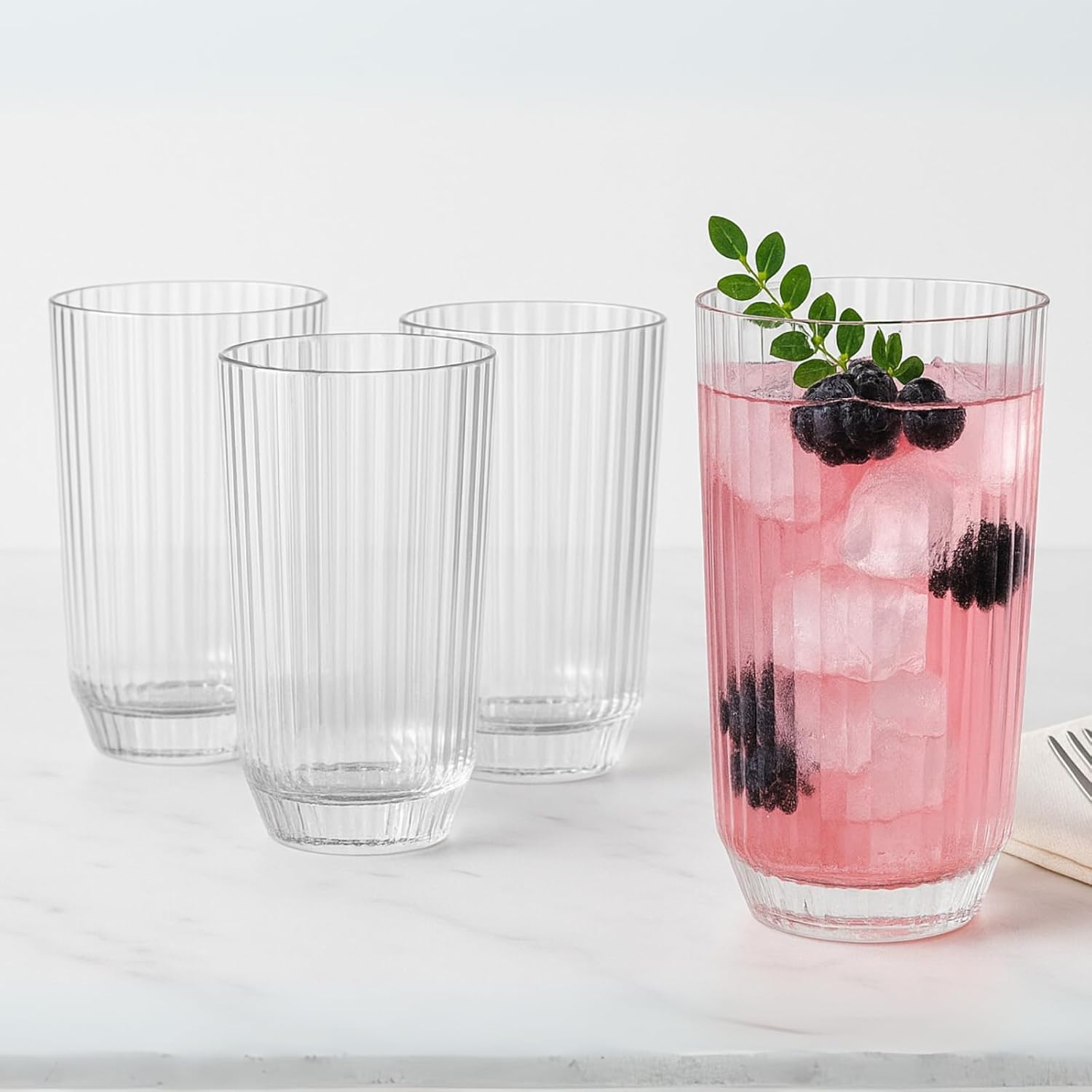 Khen Shatterproof Ribbed Drinking Glasses – Set of 4 Clear 12oz Tritan Tumblers, European Style Acrylic Drinkware – Durable, BPA-Free, Dishwasher Safe, Stackable & Unbreakable Plastic Cups