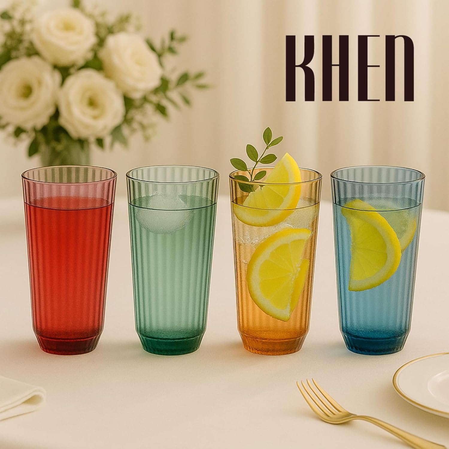 Khen Shatterproof Acrylic Ribbed Drinking Glasses Set, European Style, Dishwasher Safe, Tall | Set of 4 | Muted Tritan Drinkware, Unbreakable BPA-free Plastic, Reusable Stackable Glassware - 12OZ