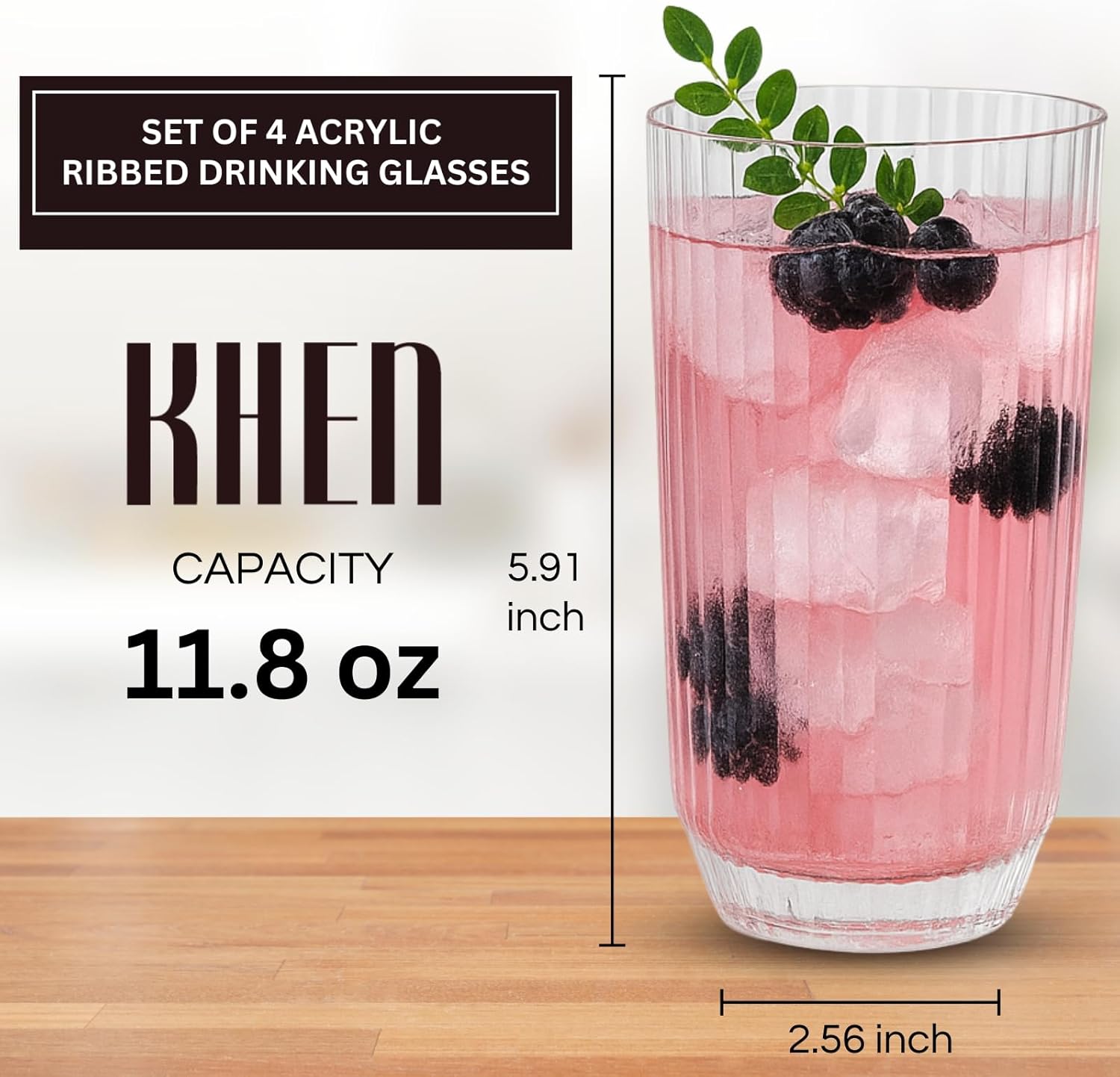 Khen Shatterproof Ribbed Drinking Glasses – Set of 4 Clear 12oz Tritan Tumblers, European Style Acrylic Drinkware – Durable, BPA-Free, Dishwasher Safe, Stackable & Unbreakable Plastic Cups