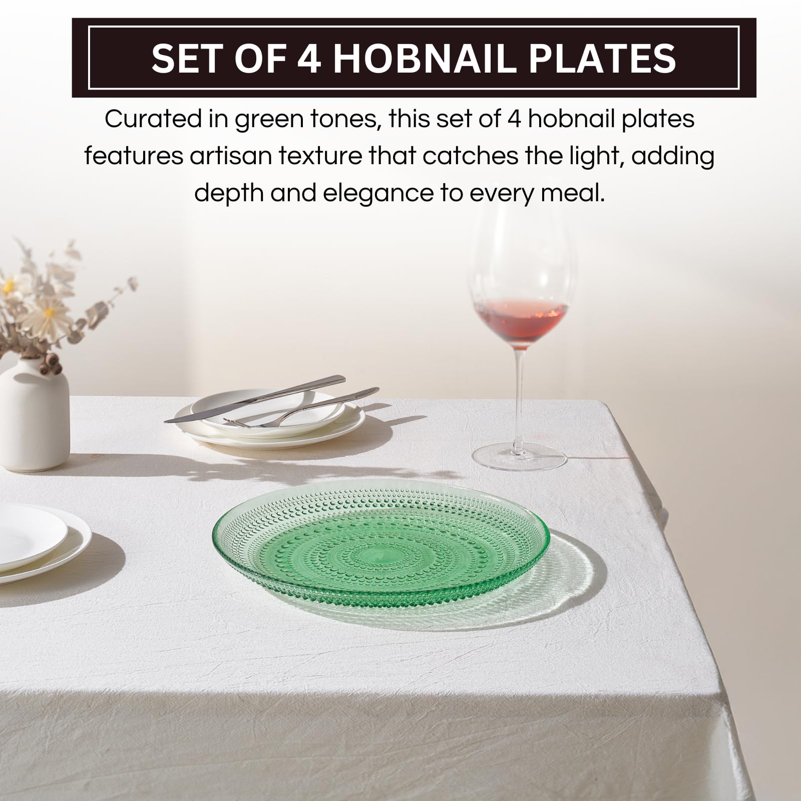 Glass Hobnail Dinner or Charger Plates | Set of 4 | Green