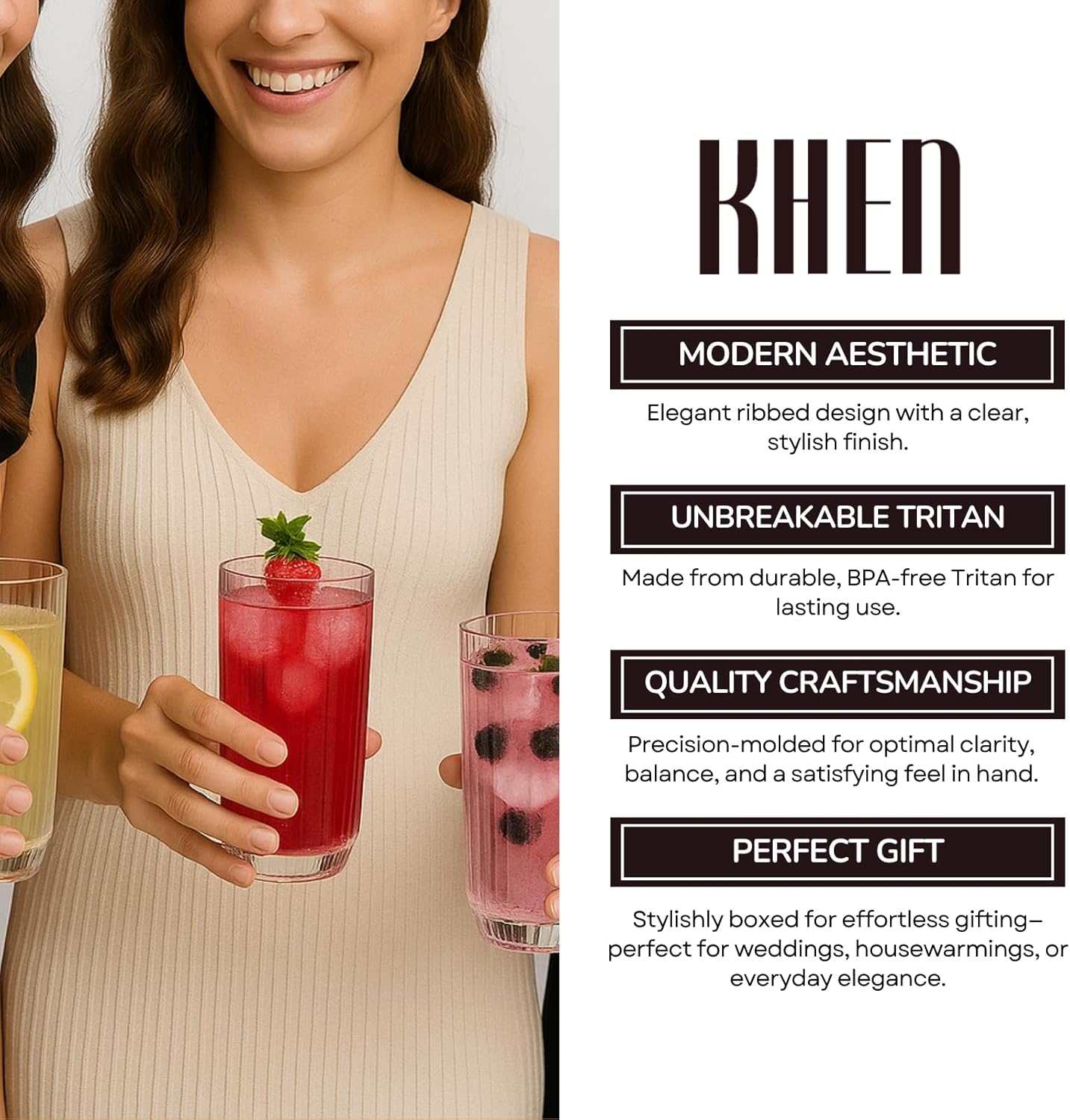 Khen Shatterproof Ribbed Drinking Glasses – Set of 4 Clear 12oz Tritan Tumblers, European Style Acrylic Drinkware – Durable, BPA-Free, Dishwasher Safe, Stackable & Unbreakable Plastic Cups