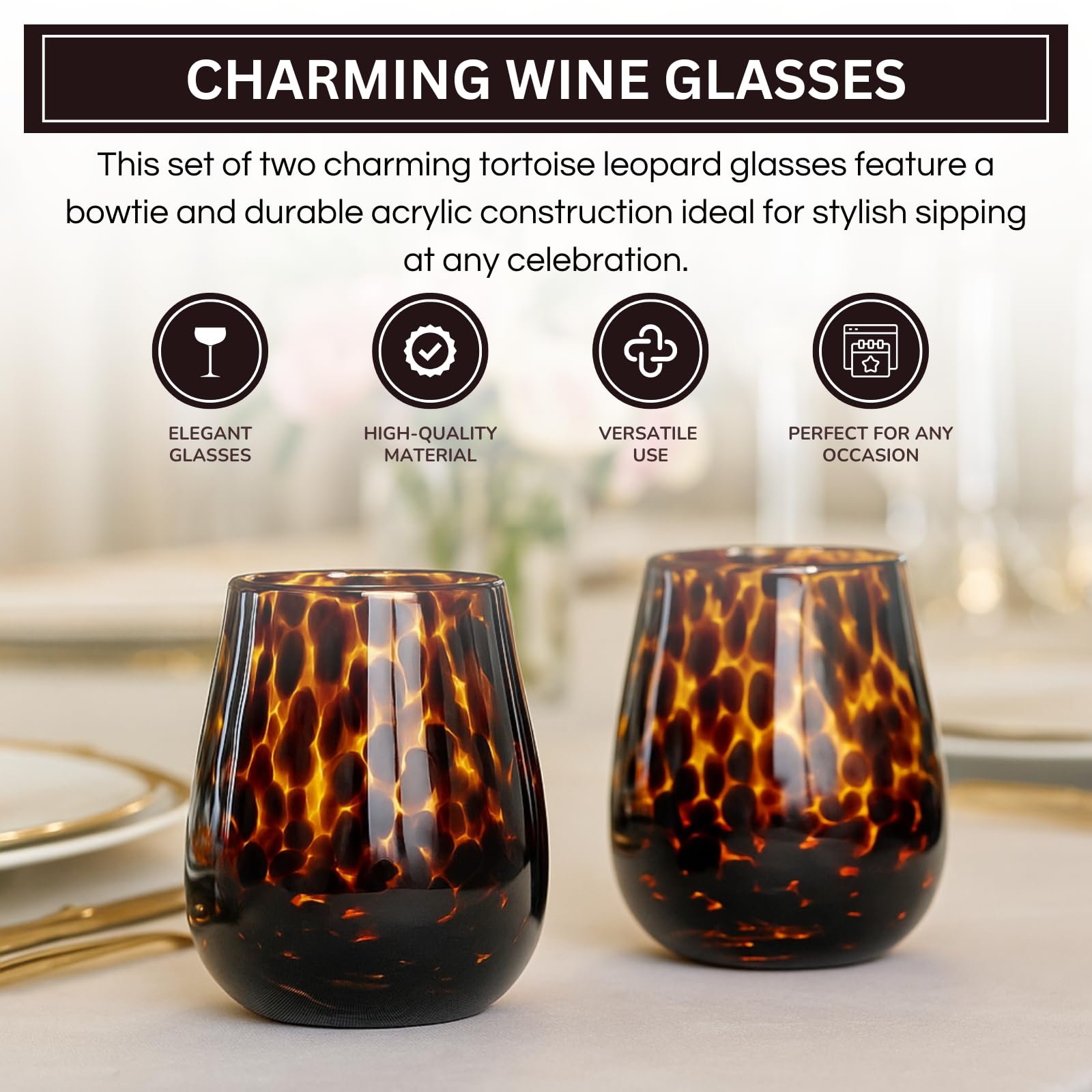 Leopard Print Amber Colored Stemless Wine Glass |  Set of 2