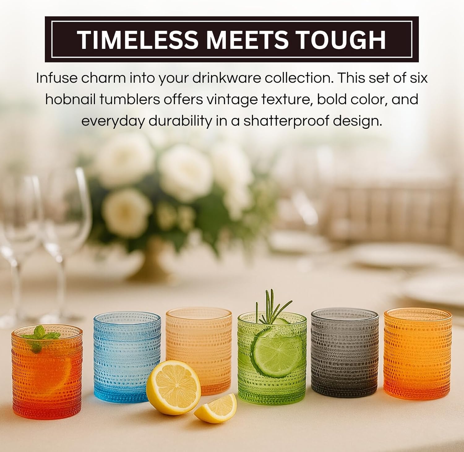 Khen Hobnail Acrylic Lowball Glasses – Retro-Inspired Set of 6 Colorful & Black Tumblers, 10 oz Unbreakable BPA-Free Drinkware – Vintage Textured Design, Stackable, Dishwasher Safe