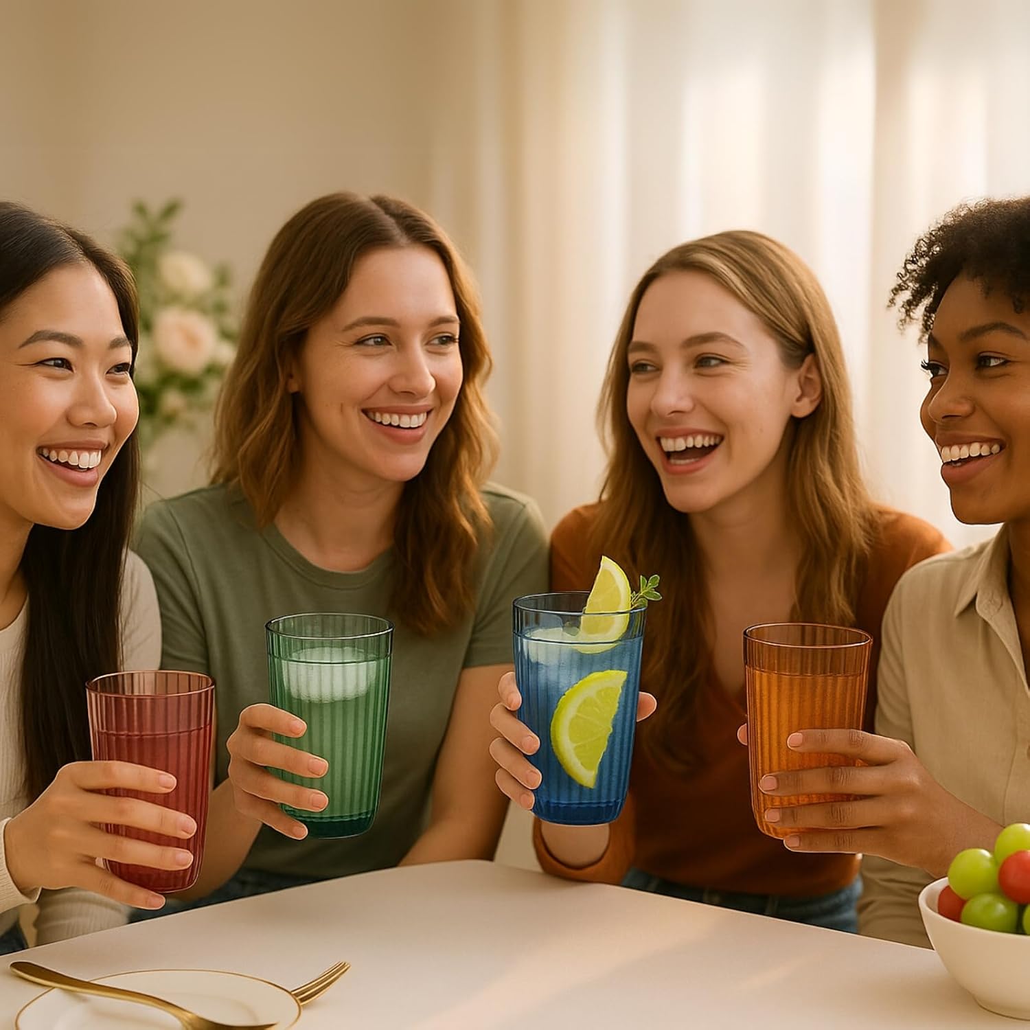 Khen Shatterproof Acrylic Ribbed Drinking Glasses Set, European Style, Dishwasher Safe, Tall | Set of 4 | Muted Tritan Drinkware, Unbreakable BPA-free Plastic, Reusable Stackable Glassware - 12OZ