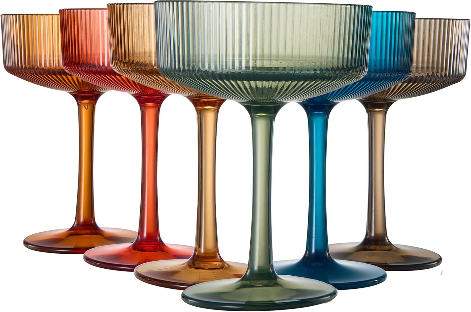 Shatterproof Acrylic Ribbed Vintage Art Deco Martini, Champagne & Cocktail Muted Color Plastic Tritan Coupe Glasses | Set of 6 | 8 oz Ripple Glassware Classic Cocktail Indoor & Outdoor, European Style