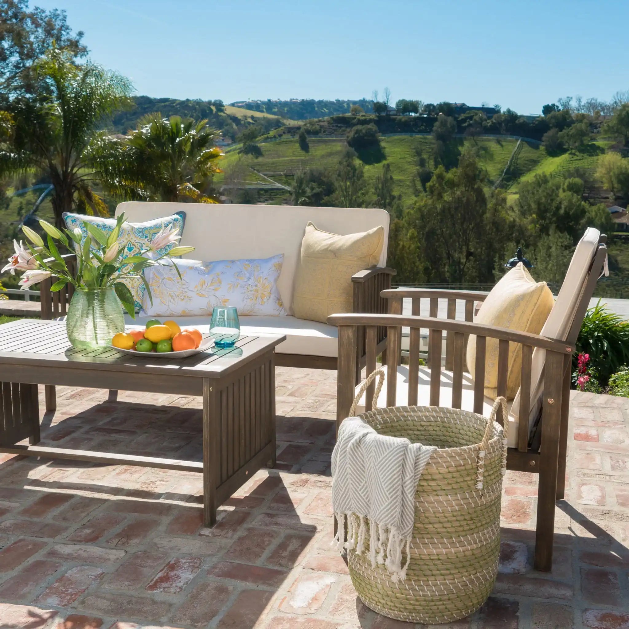 4 Piece Outdoor Chat Set With Water Resistant Cushion And Wood Frame - Cream / Gray