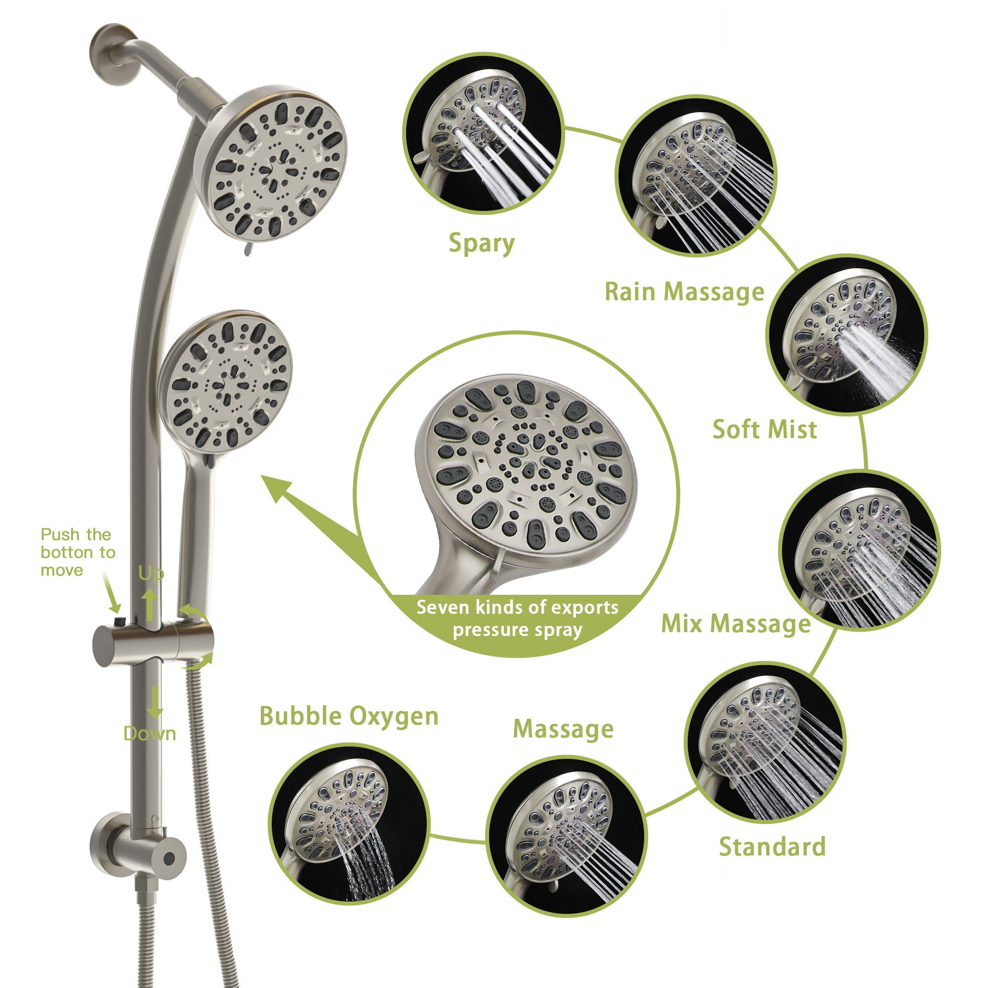 Multi Function Dual Shower Head Shower System With 4.7" Rain Showerhead, 7 Function Hand Shower, Adjustable Slide Bar