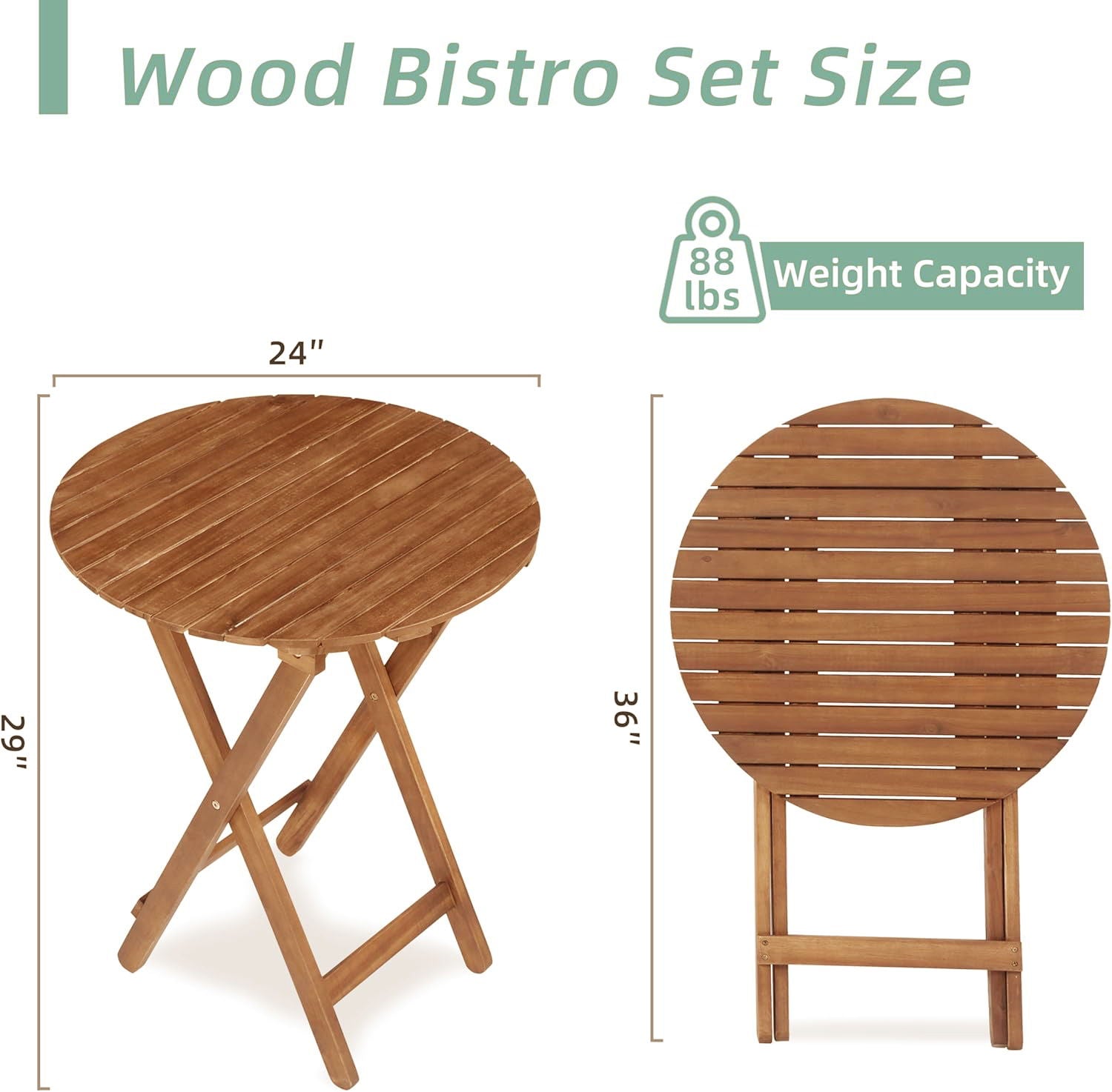 3 Piece Acacia Bistro Set, Folding Patio Furniture With 1 Coffee Table And 2 Foldable Chairs