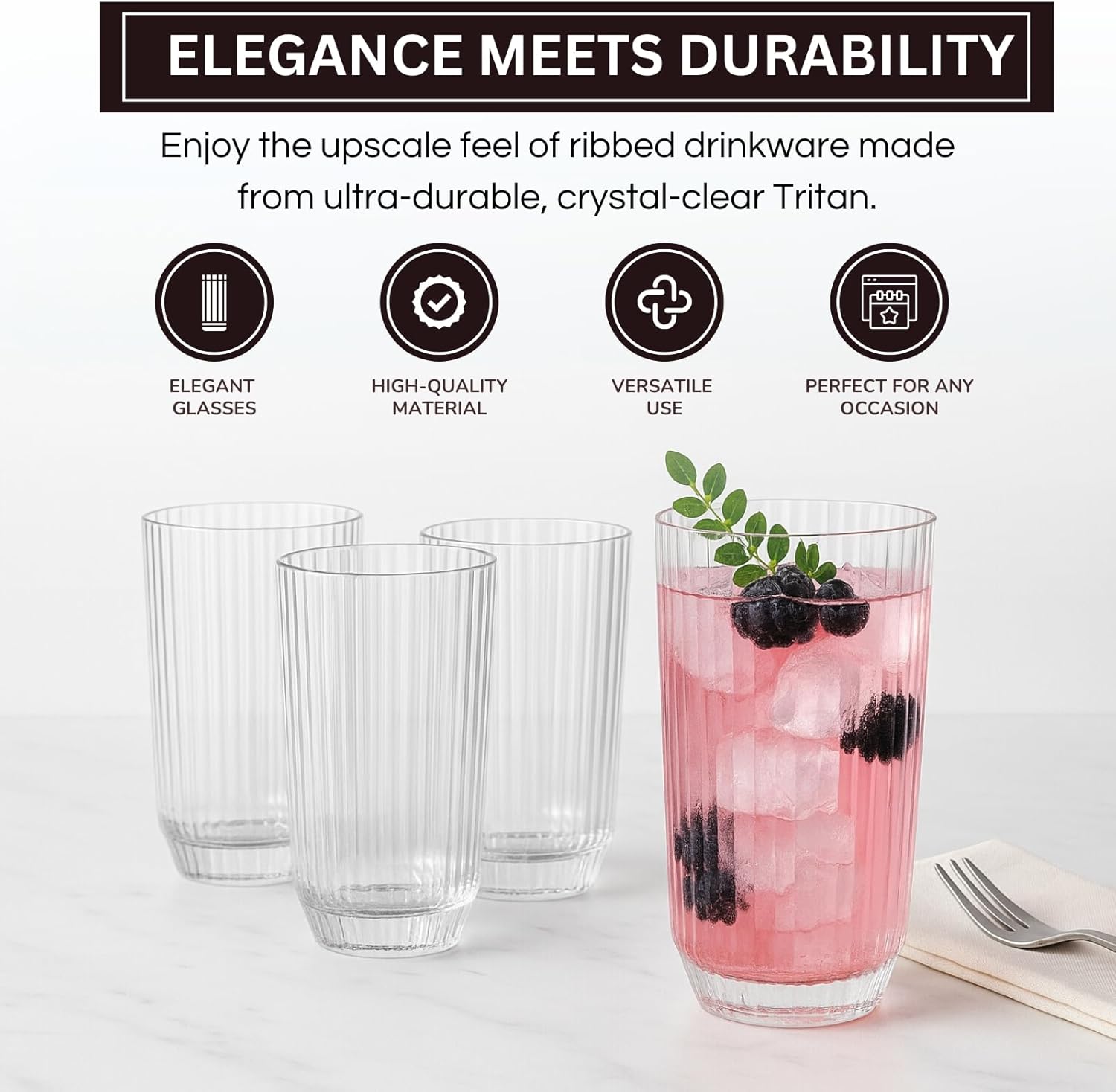 Khen Shatterproof Ribbed Drinking Glasses – Set of 4 Clear 12oz Tritan Tumblers, European Style Acrylic Drinkware – Durable, BPA-Free, Dishwasher Safe, Stackable & Unbreakable Plastic Cups