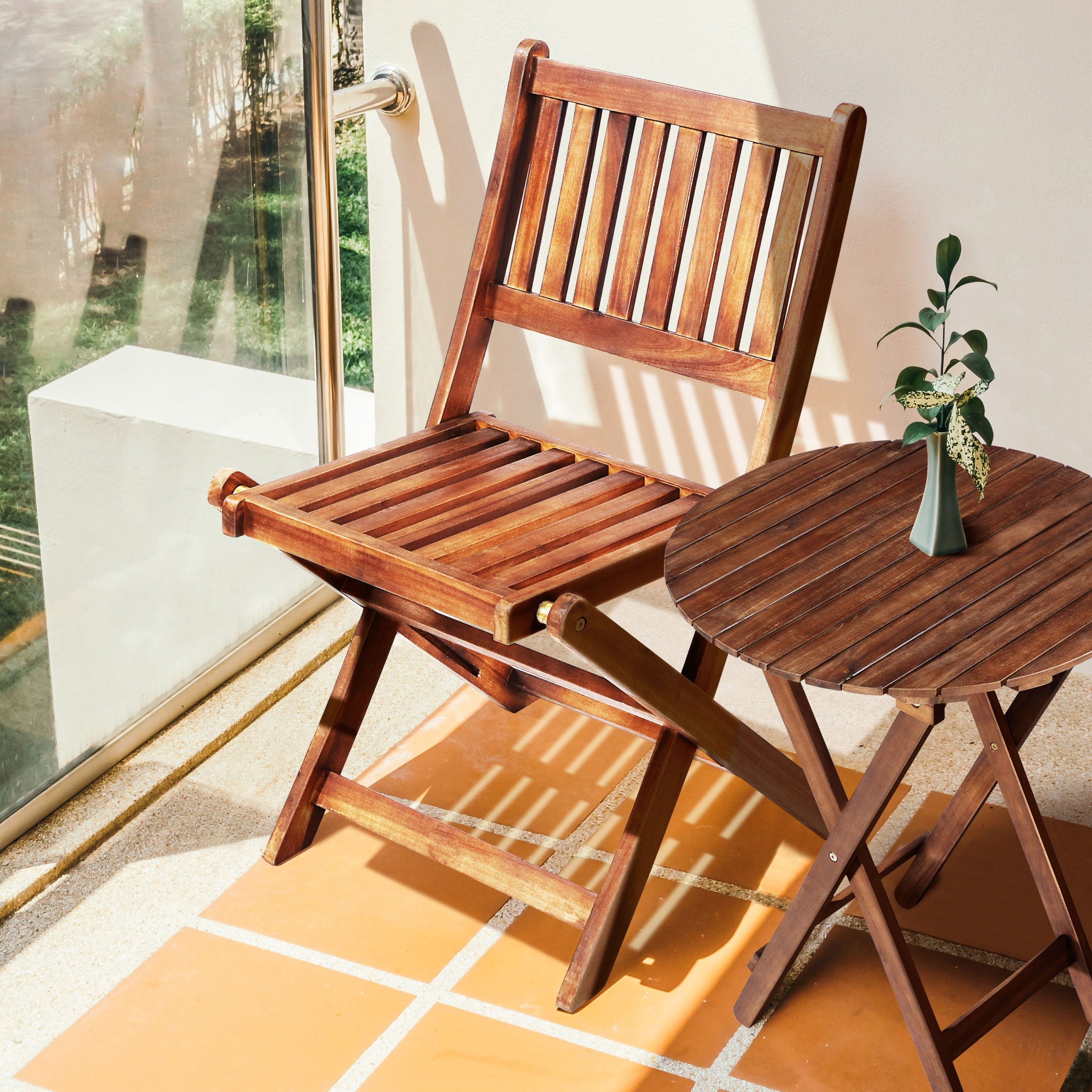 3 Piece Acacia Bistro Set, Folding Patio Furniture With 1 Coffee Table And 2 Foldable Chairs