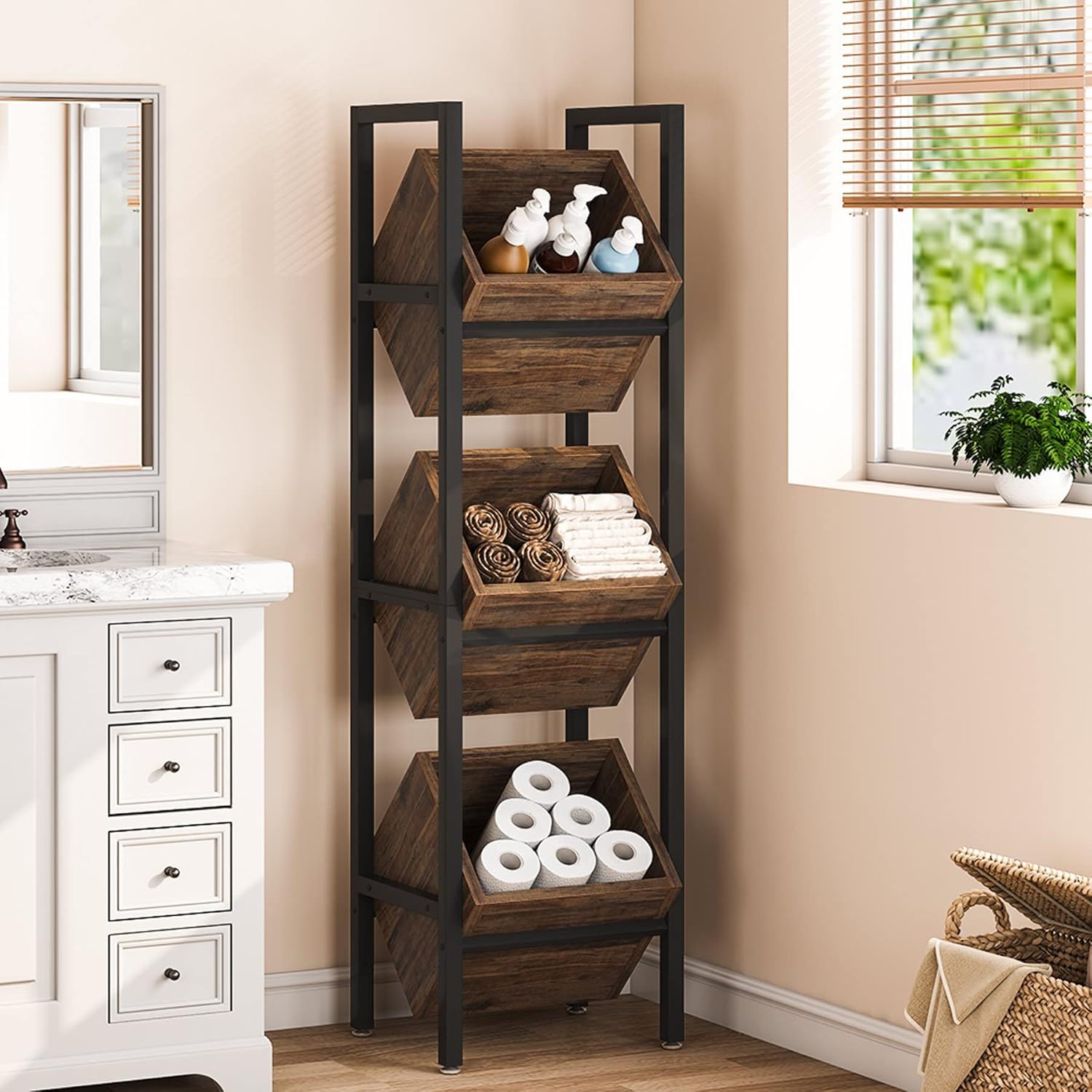 3 Tier Basket Stand With Angled Baskets, Vertical Storage Tower For Kitchen - Black