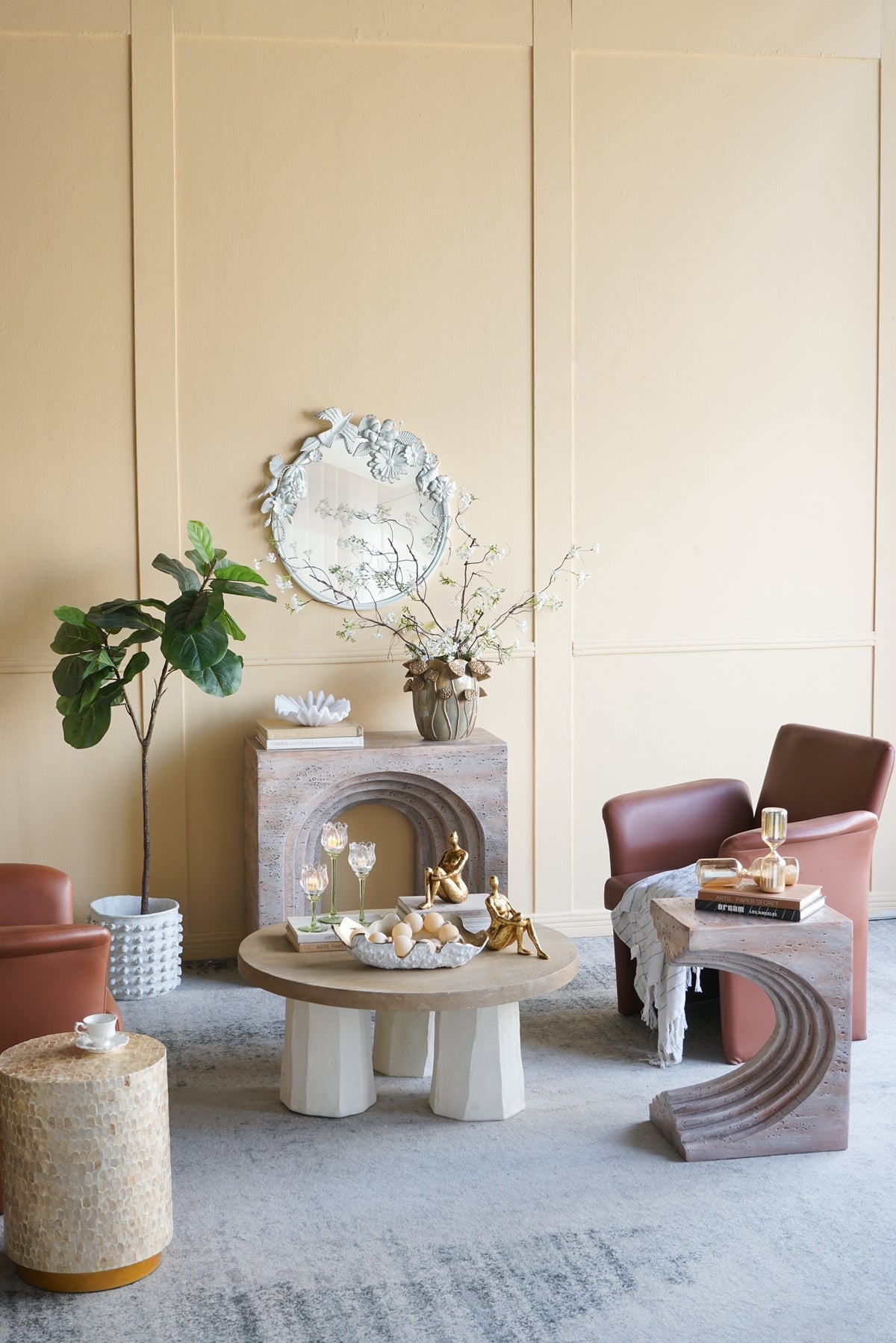 16.3x12.2x22.6 Modern Sculptural Arched Side Table with Faux Travertine Finish