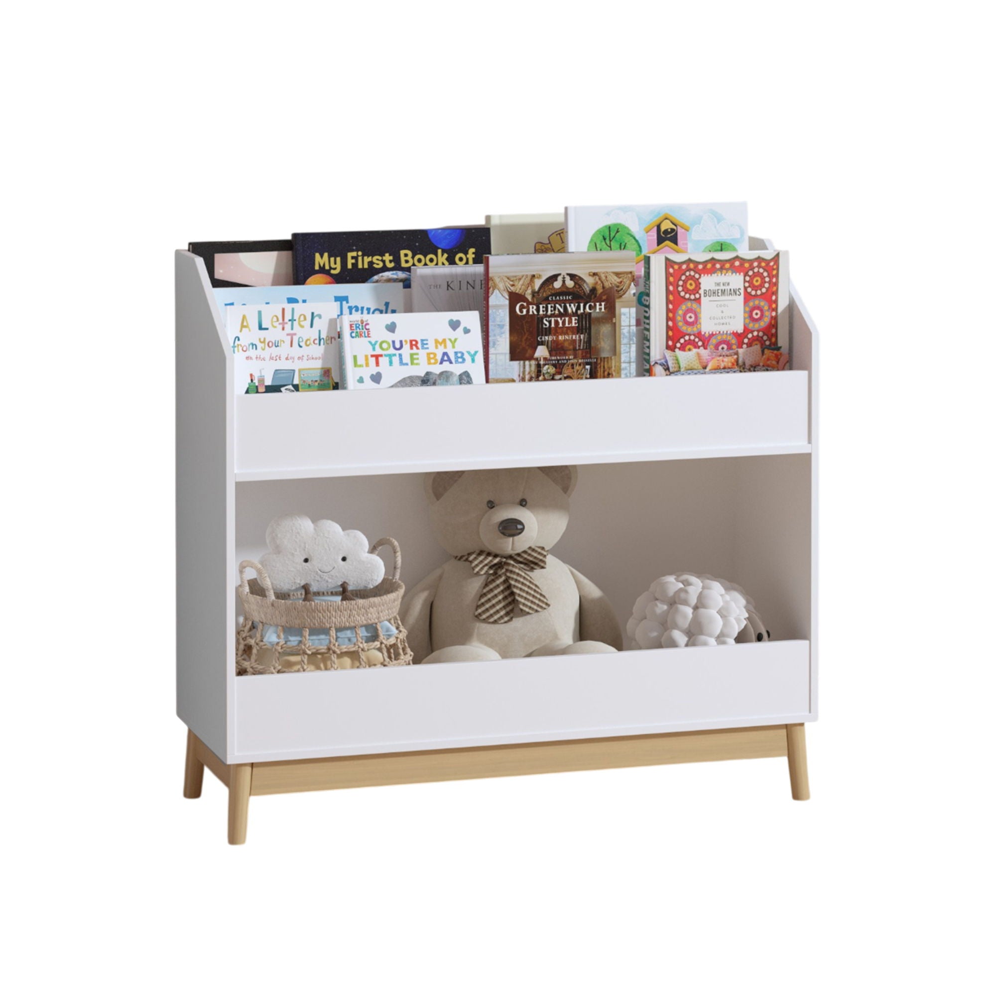 Bookcase Organizer With Storage, 3 Tier Toddler Book Display Shelf For Playroom - White