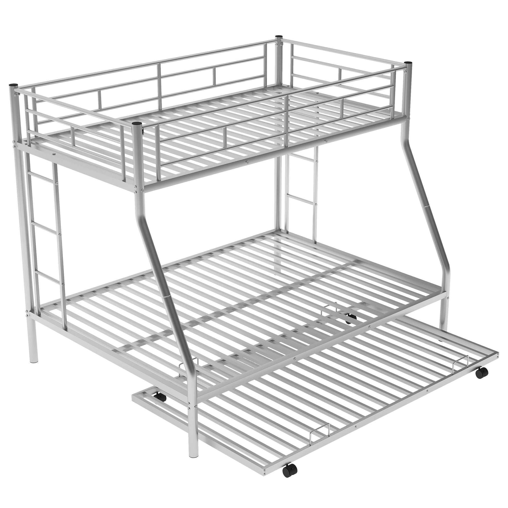 Bunk Bed With Steel Frame And Trundle, 2 Side Ladders