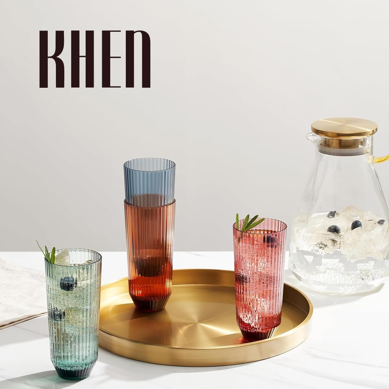 Khen Shatterproof Acrylic Ribbed Drinking Glasses Set, European Style, Dishwasher Safe, Tall | Set of 4 | Muted Tritan Drinkware, Unbreakable BPA-free Plastic, Reusable Stackable Glassware - 12OZ