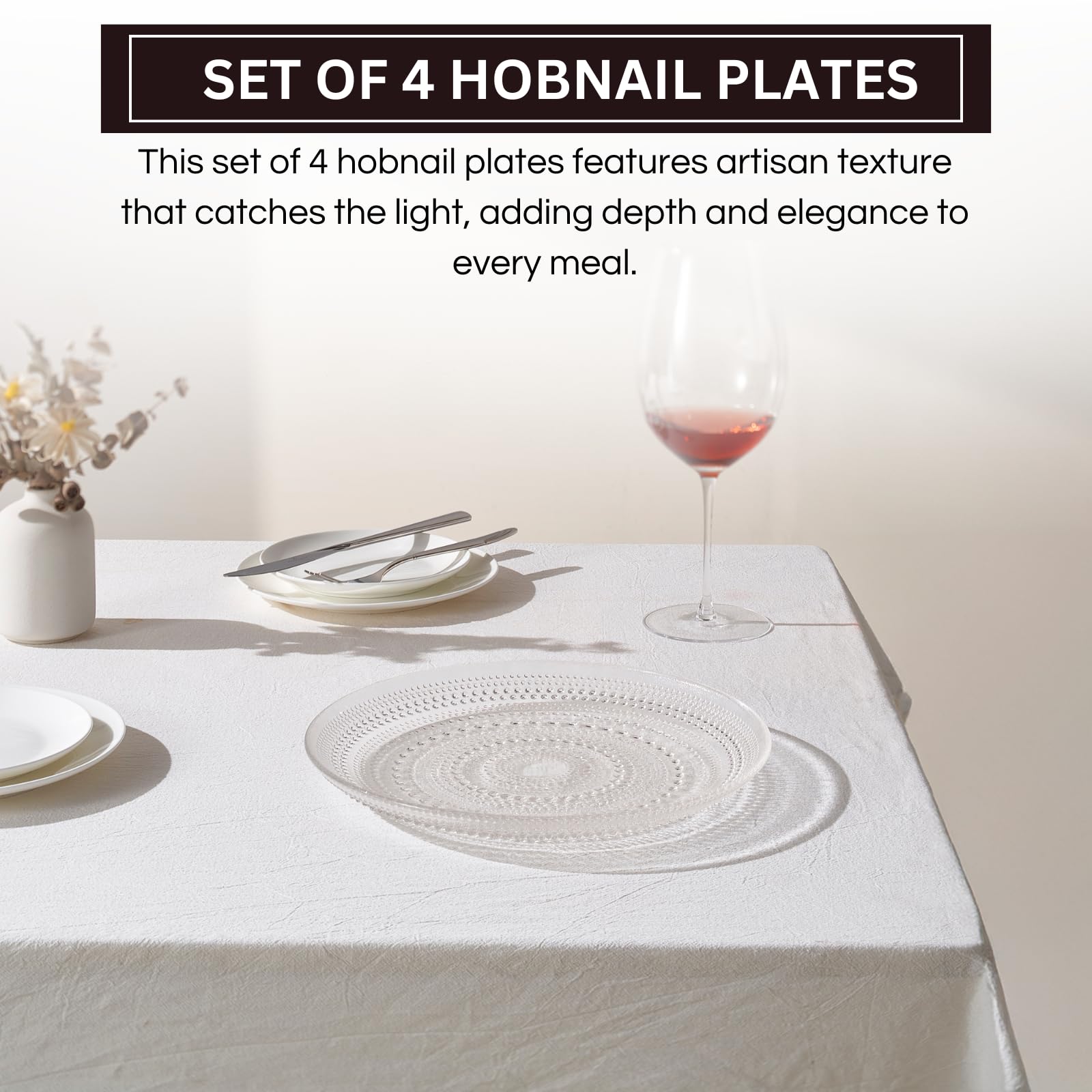 Glass Hobnail Dinner or Charger Plates | Set of 4 | Clear