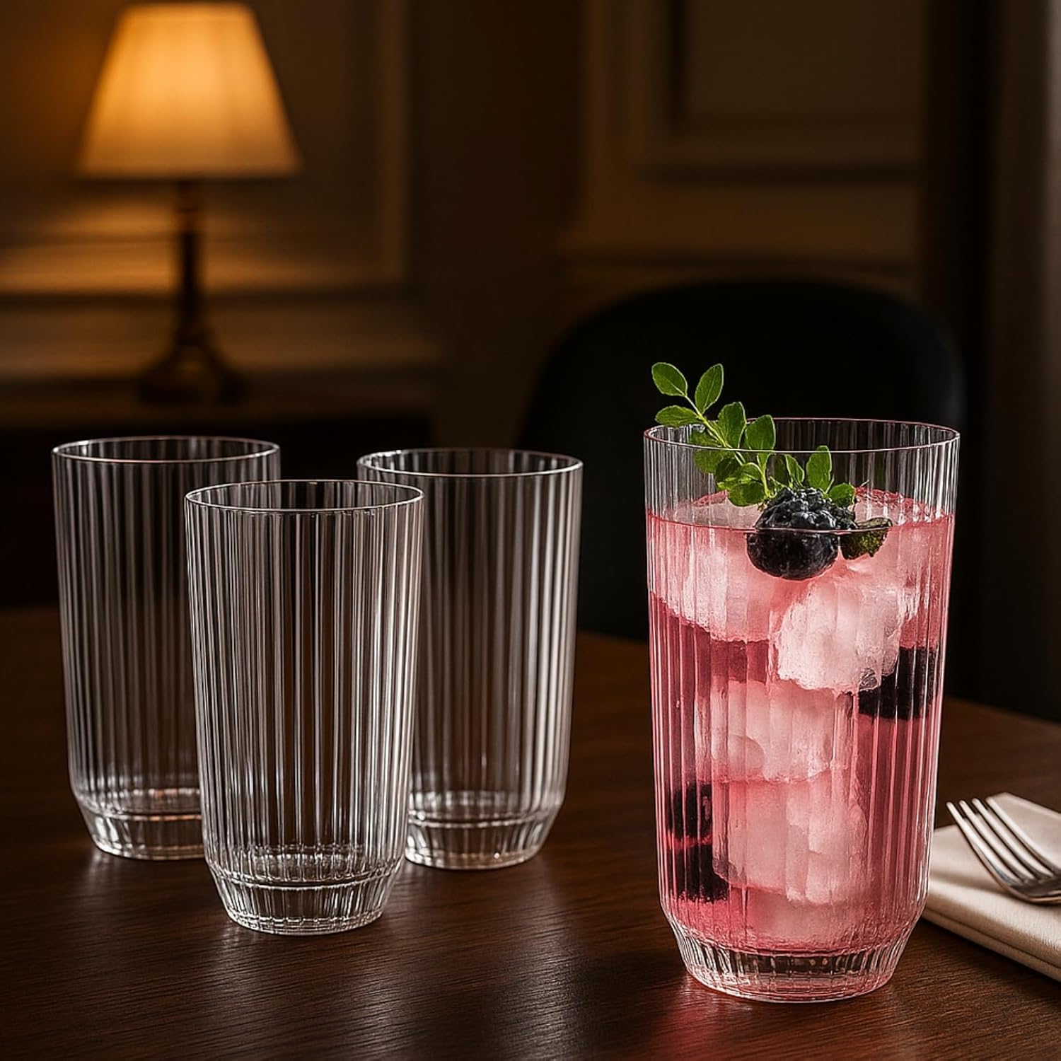 Khen Shatterproof Ribbed Drinking Glasses – Set of 4 Clear 12oz Tritan Tumblers, European Style Acrylic Drinkware – Durable, BPA-Free, Dishwasher Safe, Stackable & Unbreakable Plastic Cups