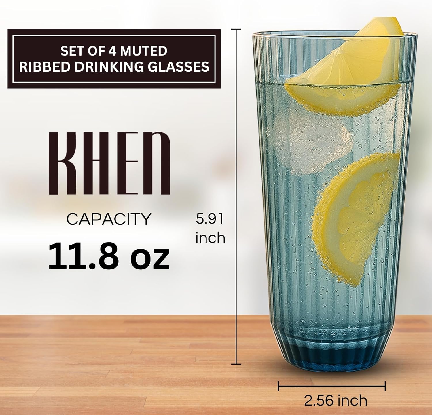 Khen Shatterproof Acrylic Ribbed Drinking Glasses Set, European Style, Dishwasher Safe, Tall | Set of 4 | Muted Tritan Drinkware, Unbreakable BPA-free Plastic, Reusable Stackable Glassware - 12OZ