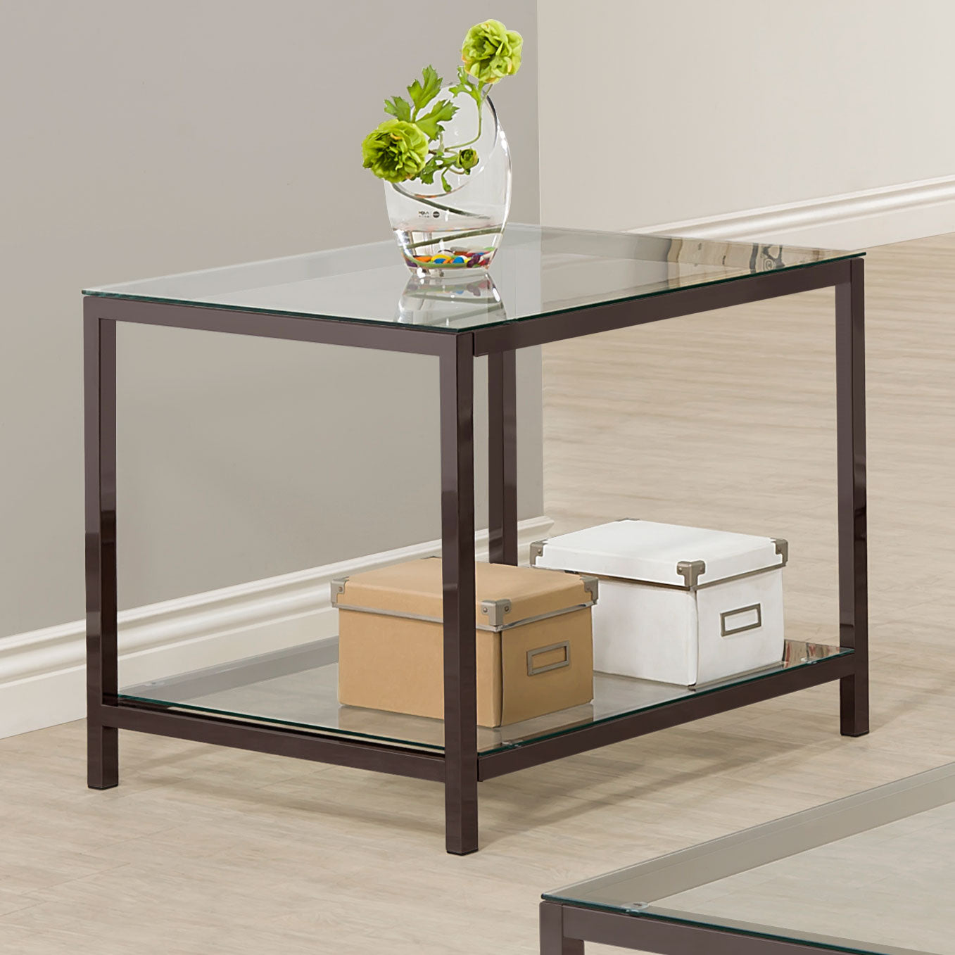 Trini 1-shelf Glass Top Side End Table Black Nickel-CoasterEssence