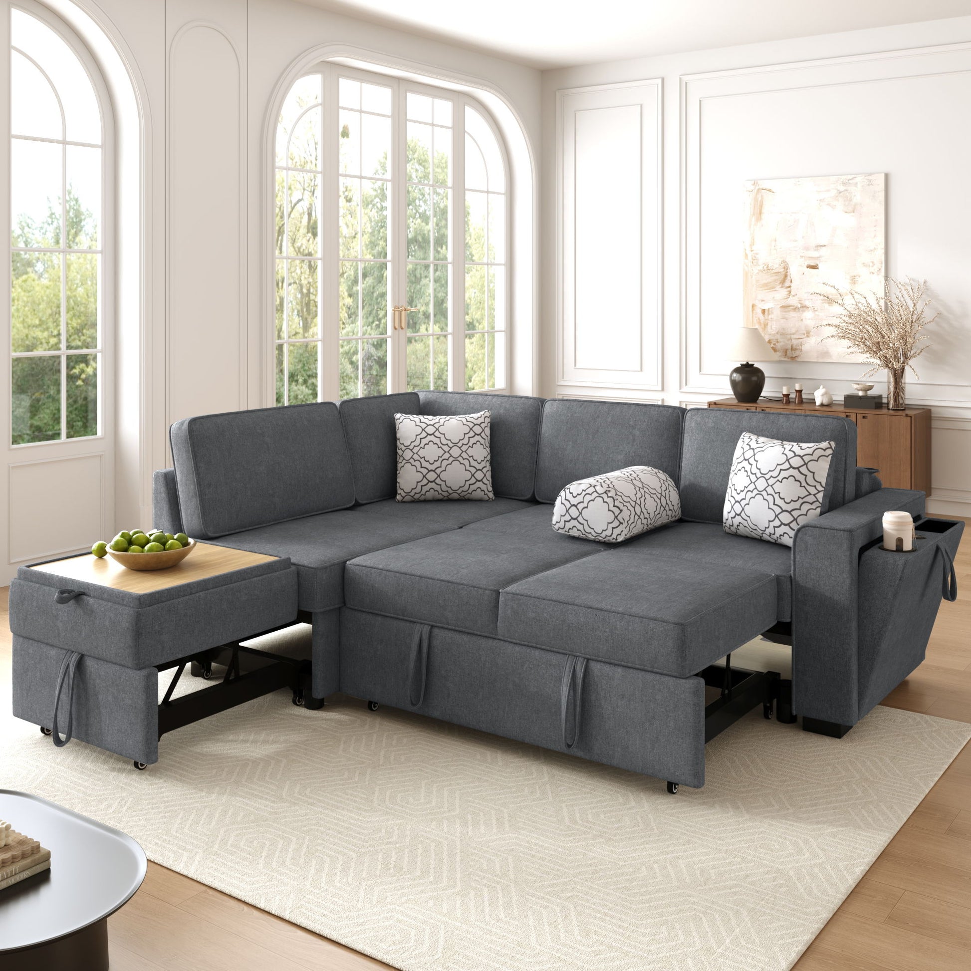 Convertible Sectional L-Shaped Sofa With Dual Pull-Out Sleepers, Flip-Top Table, USB Ports, Cup Holder & Storage - Best Buy Furniture