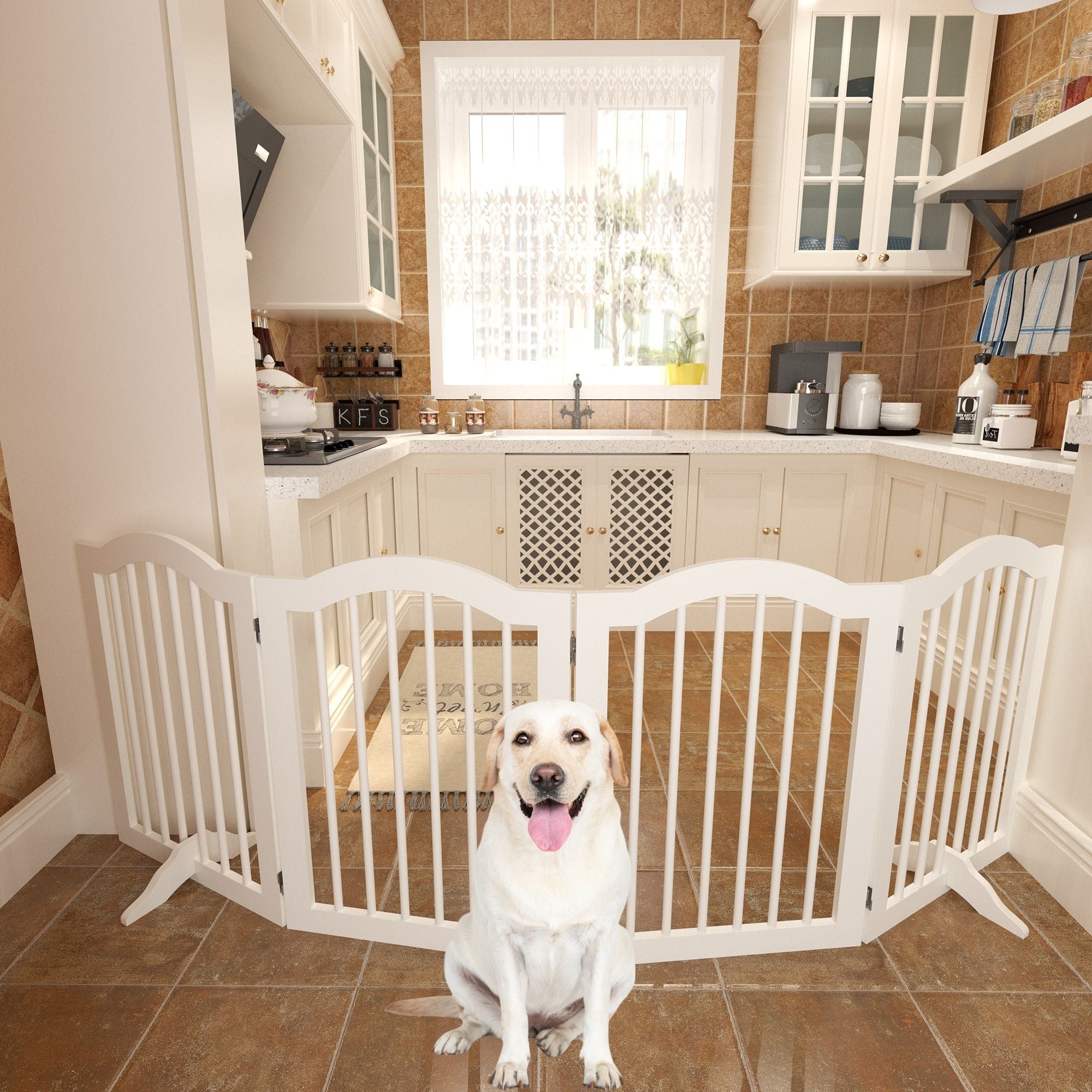 4 Panel Freestanding Pet Gate With Foldable Design And Support Feet - White