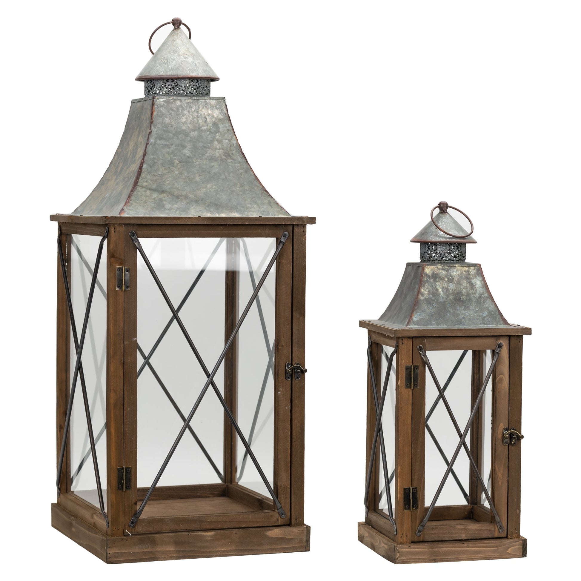 Rustic-wood-lantern-with-galvanized-metal-lid-(set-of-2)-Outdoor-Lighting