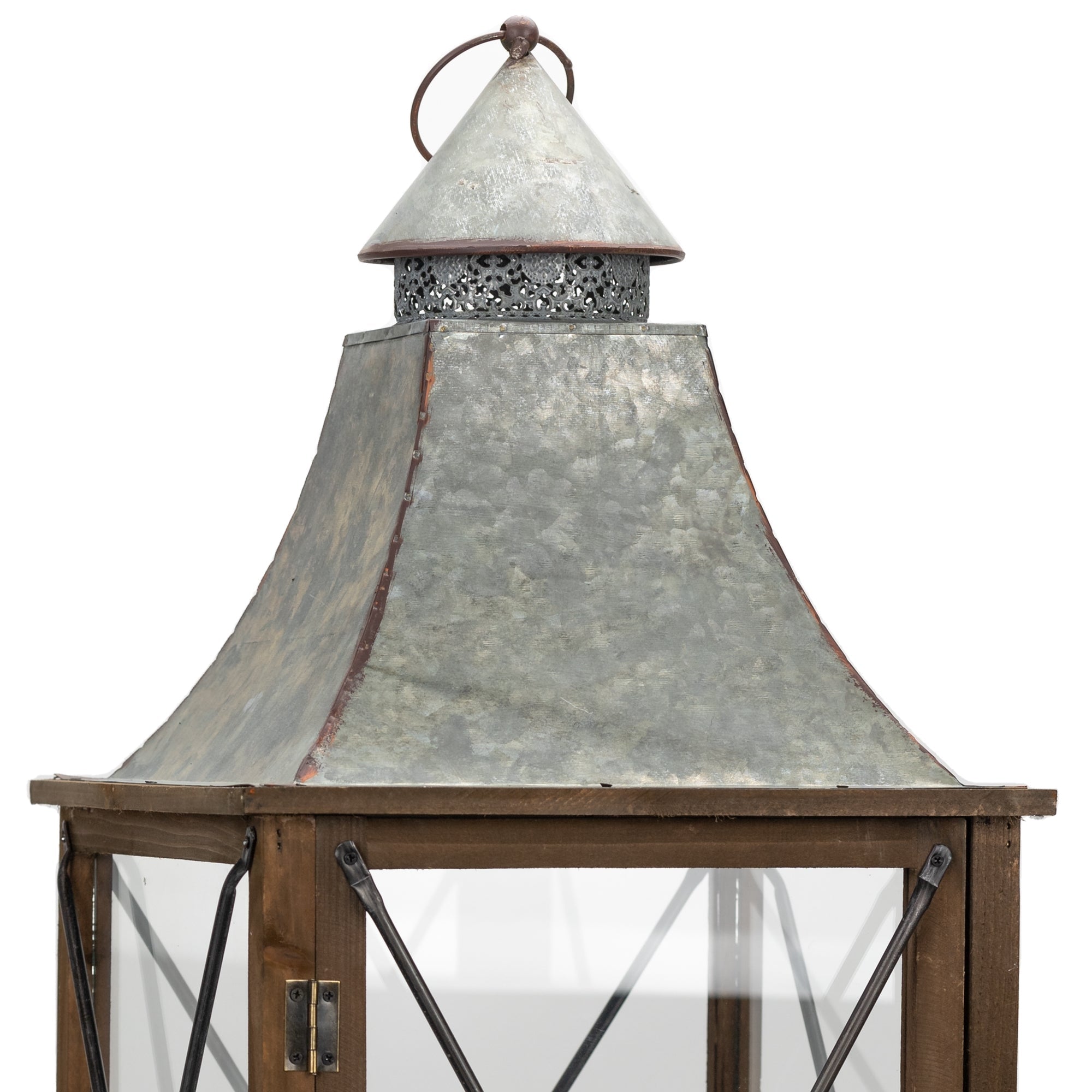 Rustic wood lantern with galvanized metal lid (set of 2)