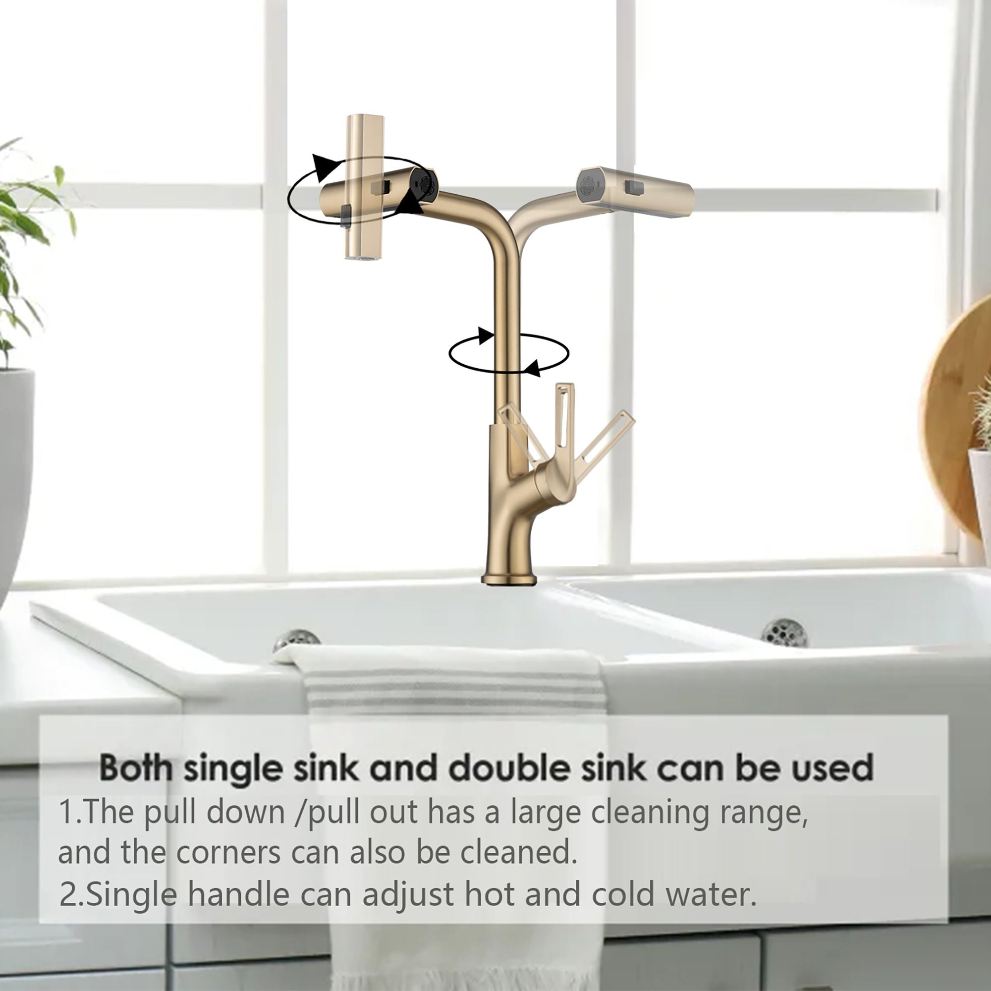 Kitchen Waterfall Faucet With Pull Down Sprayer, Single Handle, 360 Degree Rotating Zinc Alloy - Brushed Gold